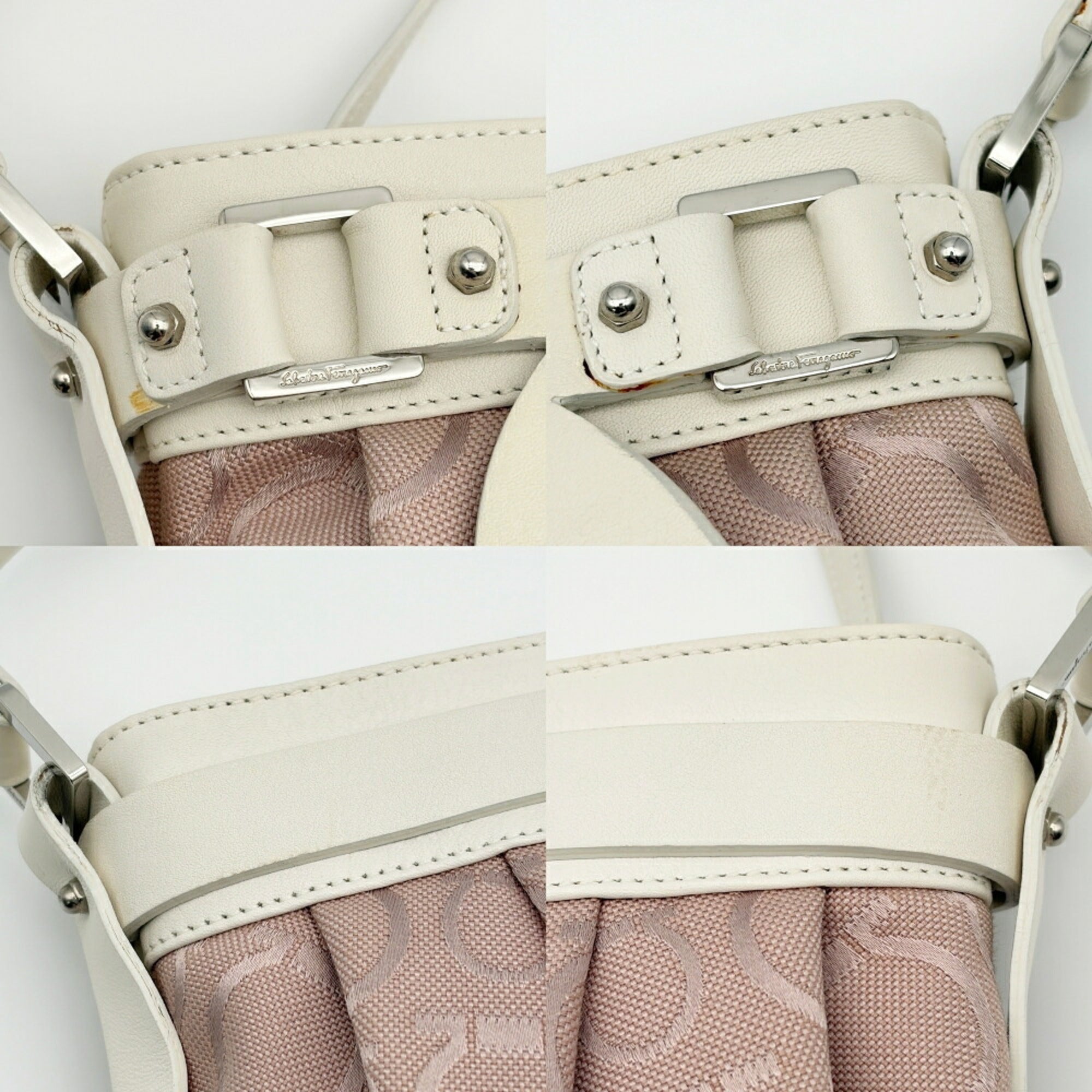 Salvatore Ferragamo Pink White Canvas Leather Shoulder Bag (Pre-Owned)