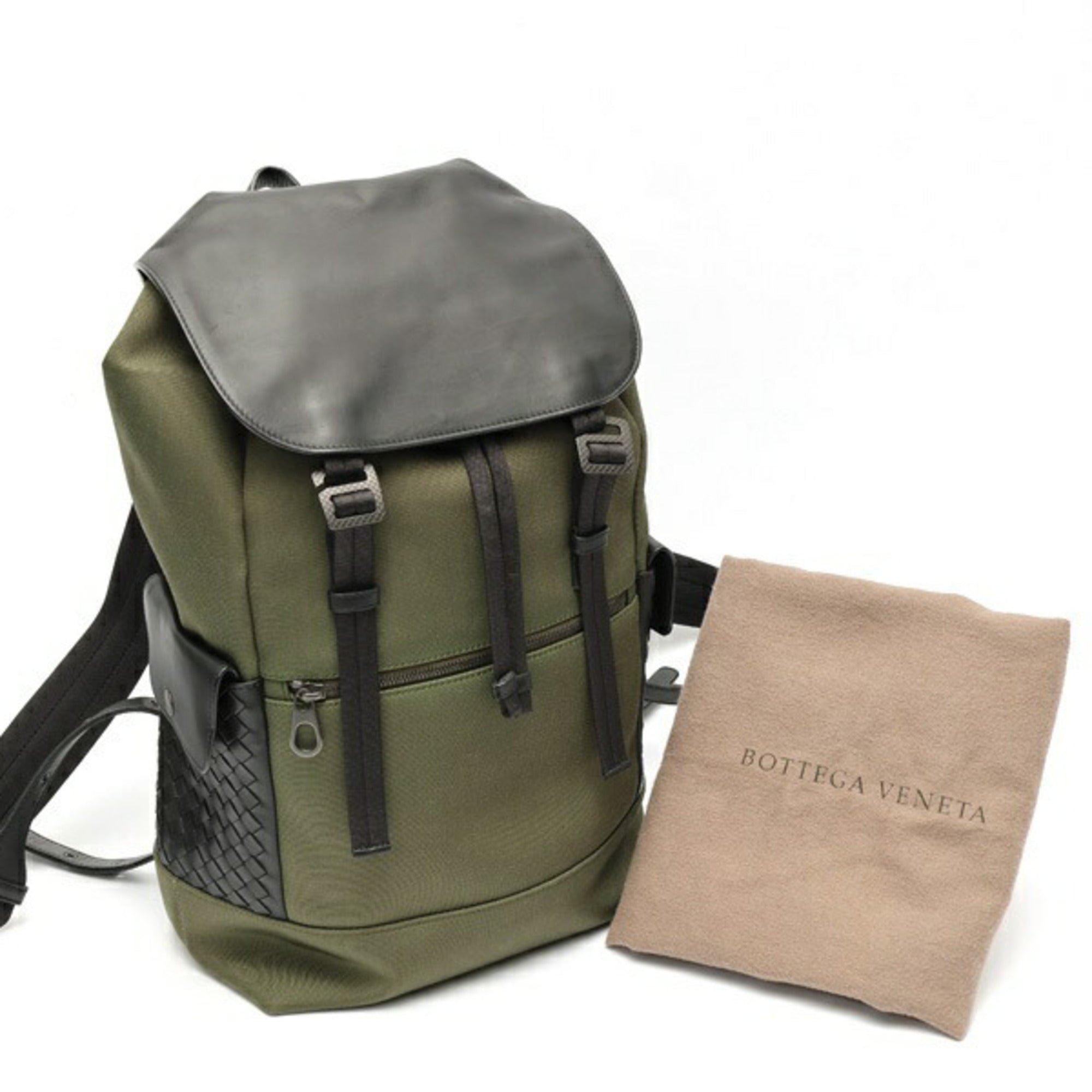 Bottega Veneta Black Khaki Nylon Leather Backpack (Pre-Owned)