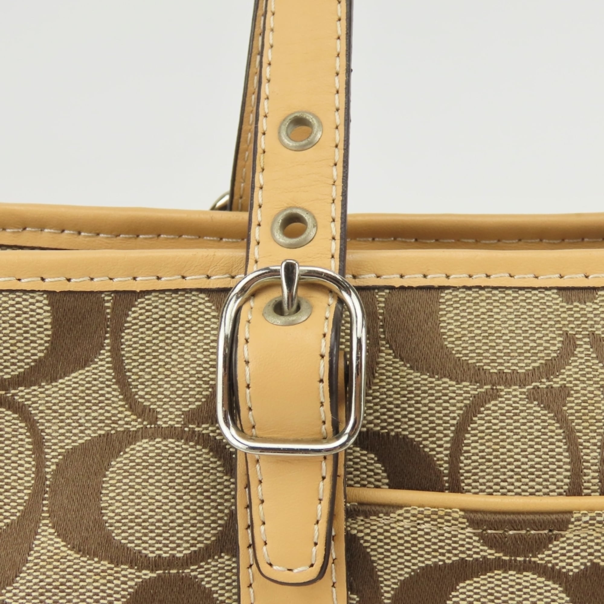 Coach Beige Brown Canvas Leather Handbag (Pre-Owned)