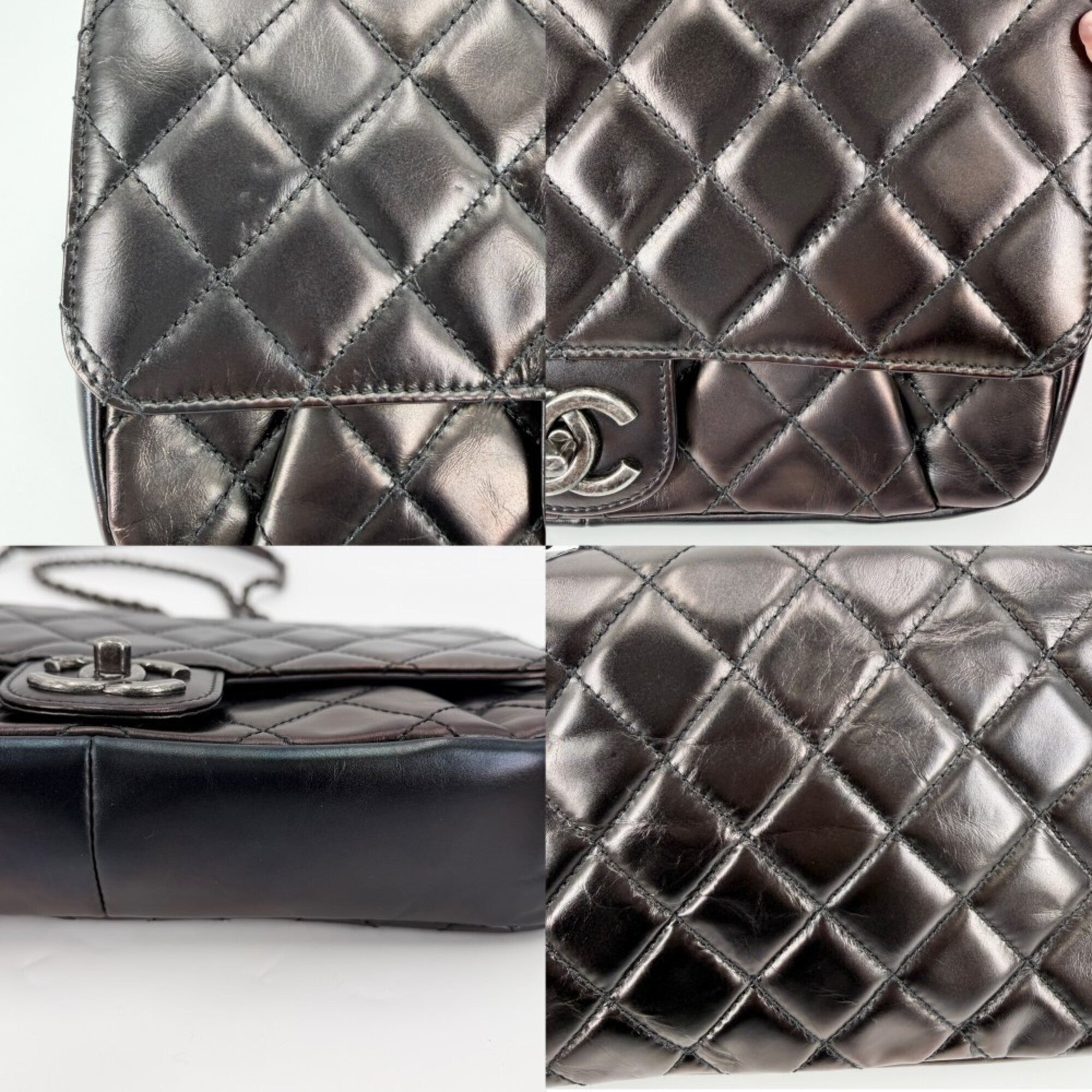 Chanel Brown Matte Silver White Leather Shoulder Bag (Pre-Owned)