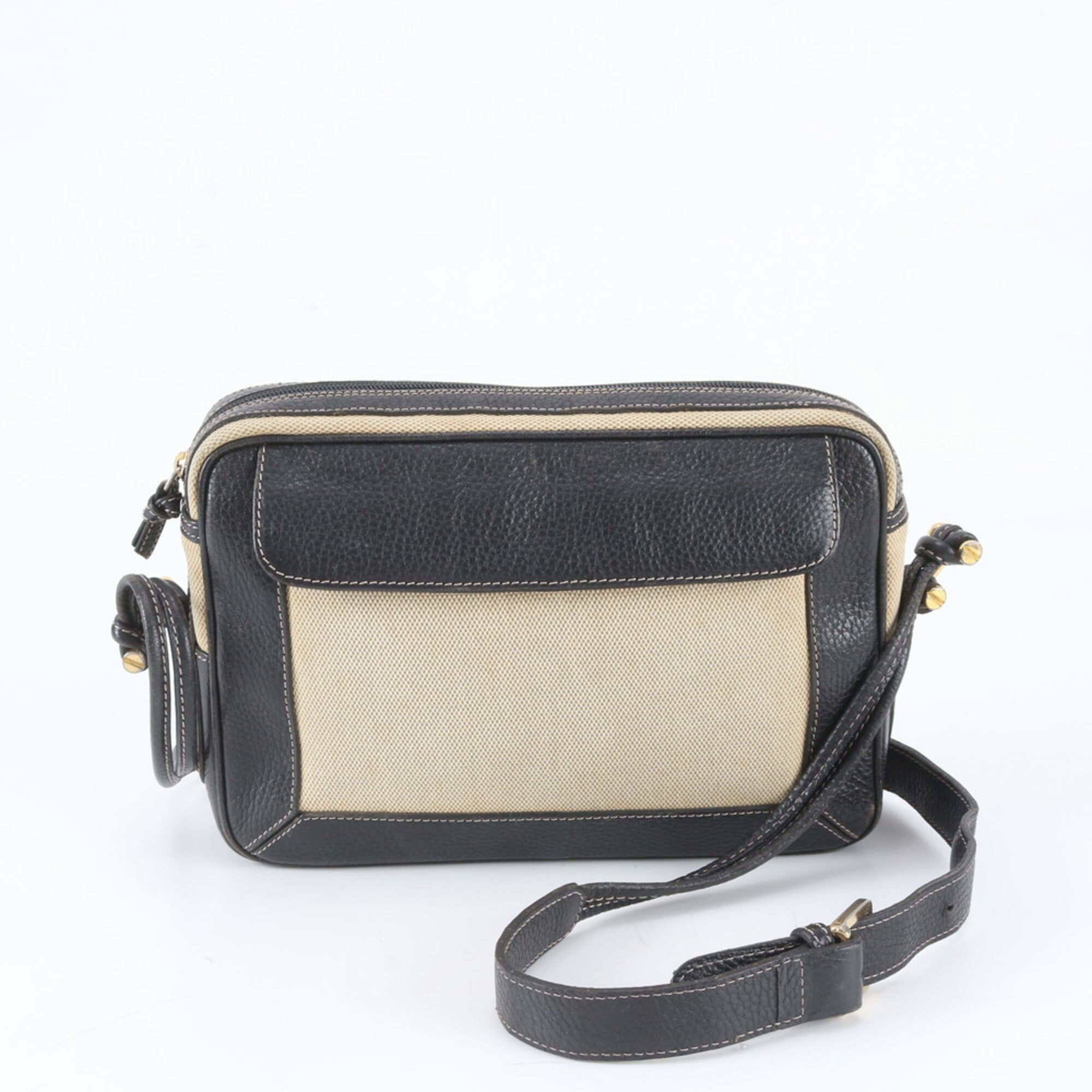 Bally Beige Navy Leather Canvas Shoulder Bag (Pre-Owned)