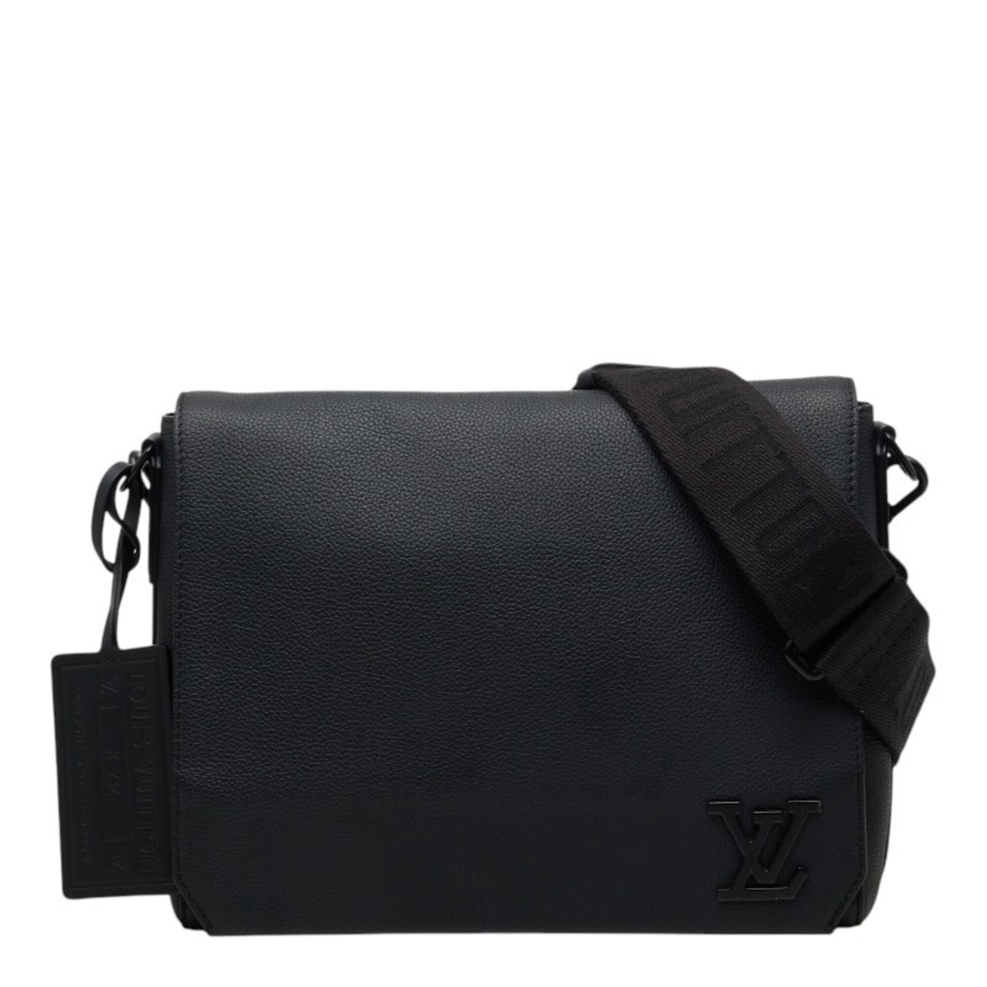 Louis Vuitton Black Leather Messenger Bag Shoulder Bag (Pre-Owned)