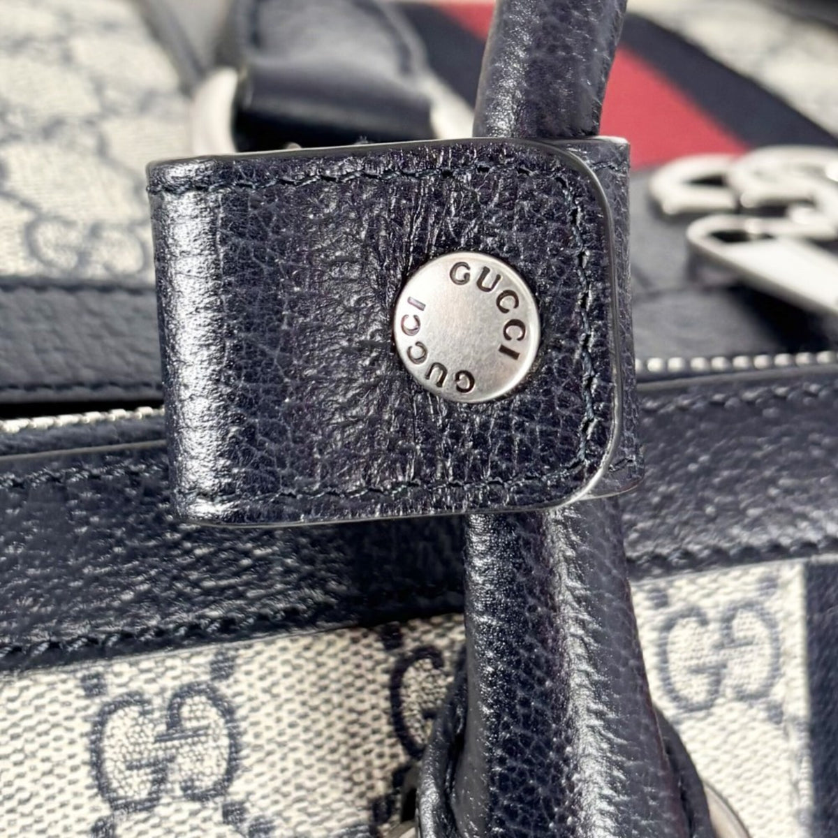 Gucci Beige Navy Gg Supreme Leather Boston Bag Handbag Shoulder Bag (Pre-Owned)