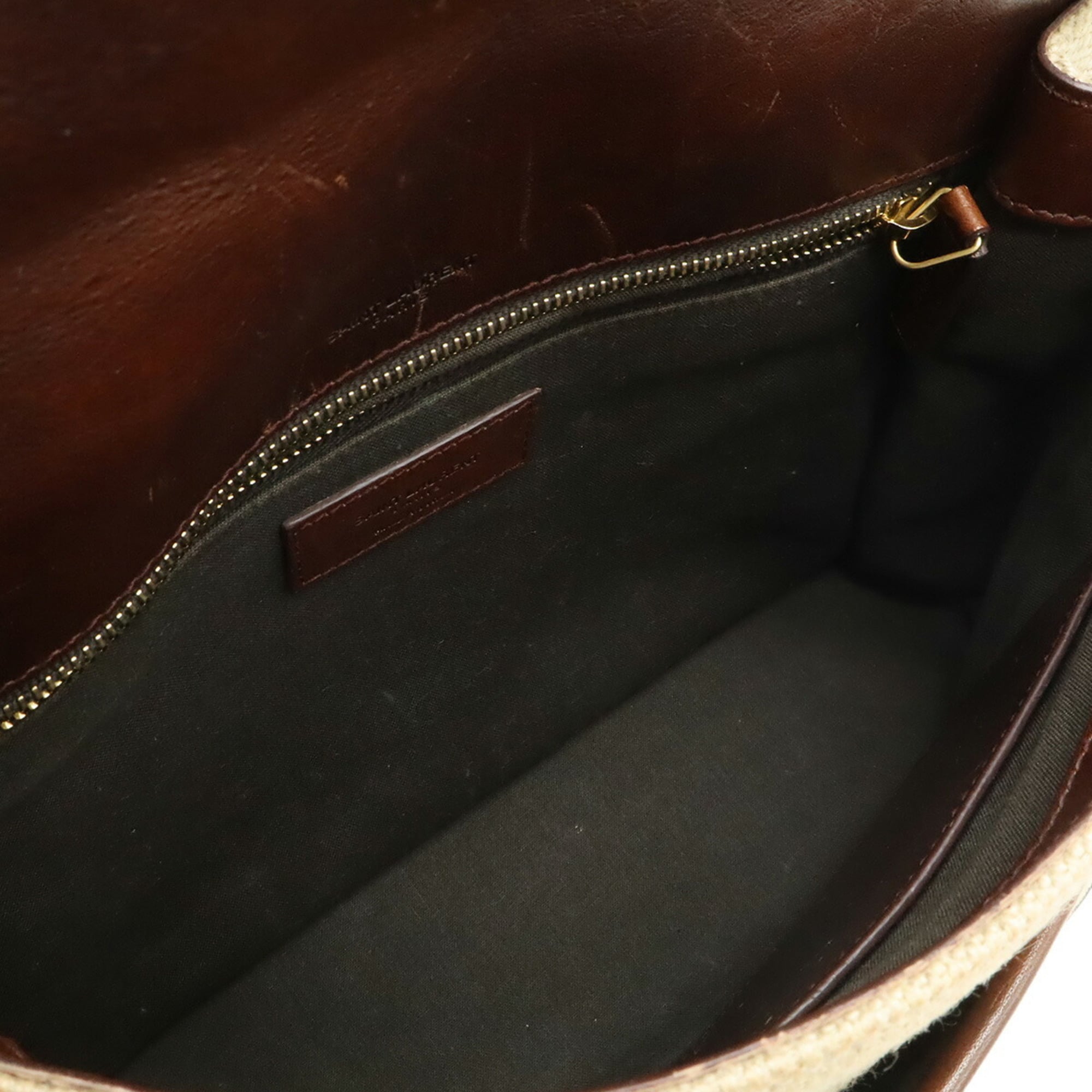 Yves Saint Laurent Beige Dark Brown Linen Leather Shoulder Bag (Pre-Owned)