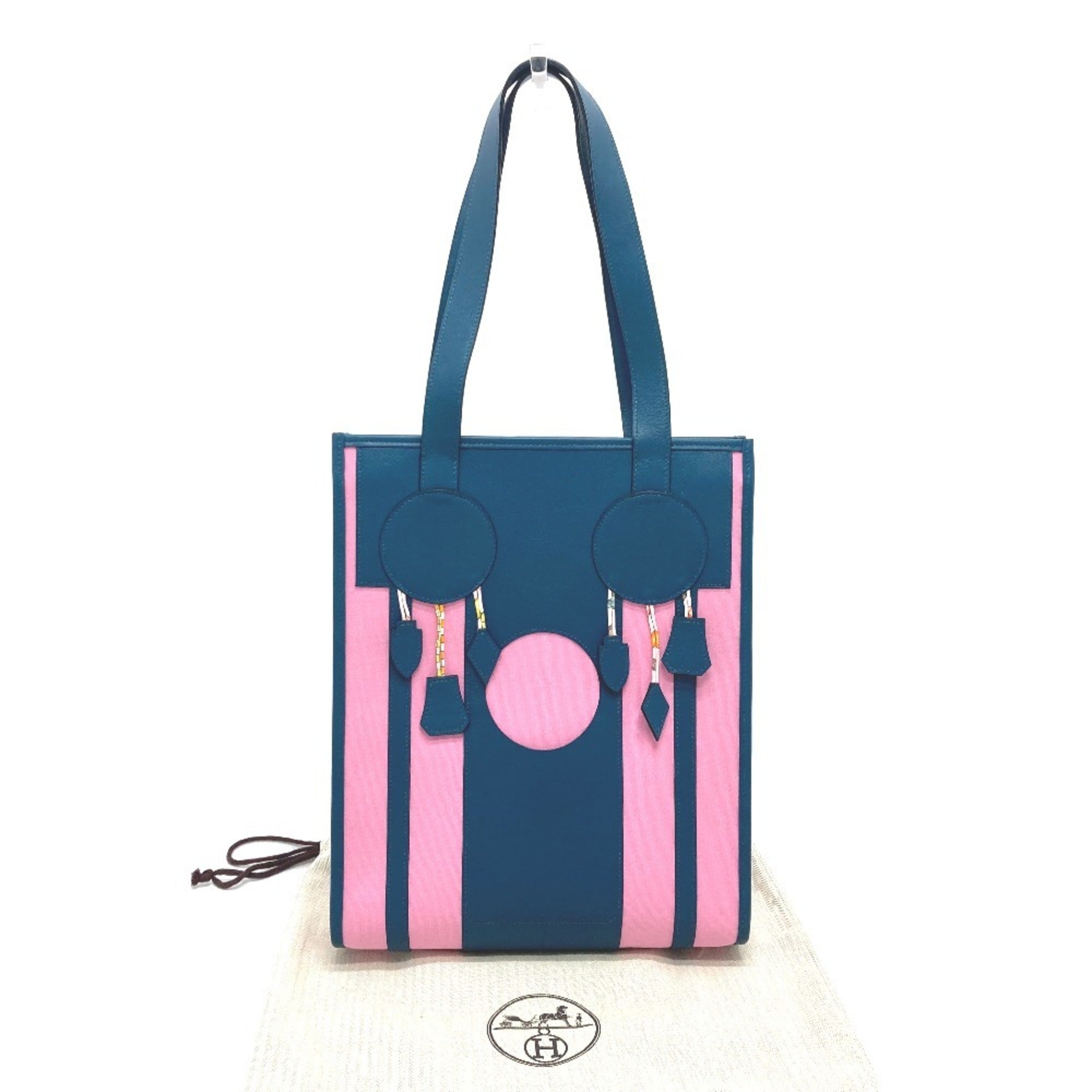 Hermes Petit H Navy Pink Leather Canvas Handbag Tote Bag (Pre-Owned)