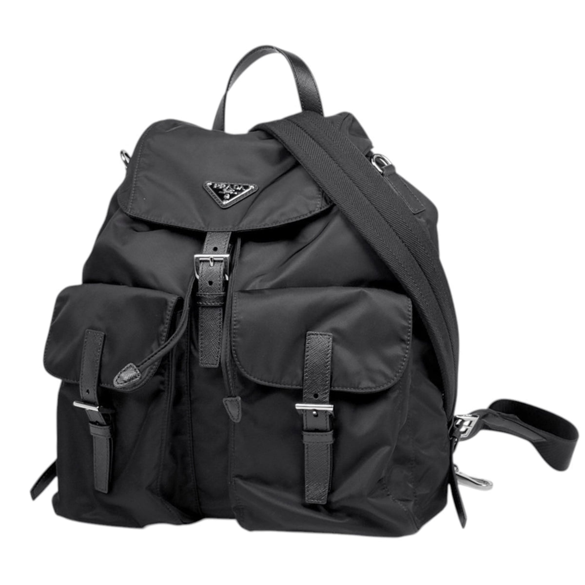 Prada Black Nero Nylon Saffiano Triangle Leather Backpack (Pre-Owned)