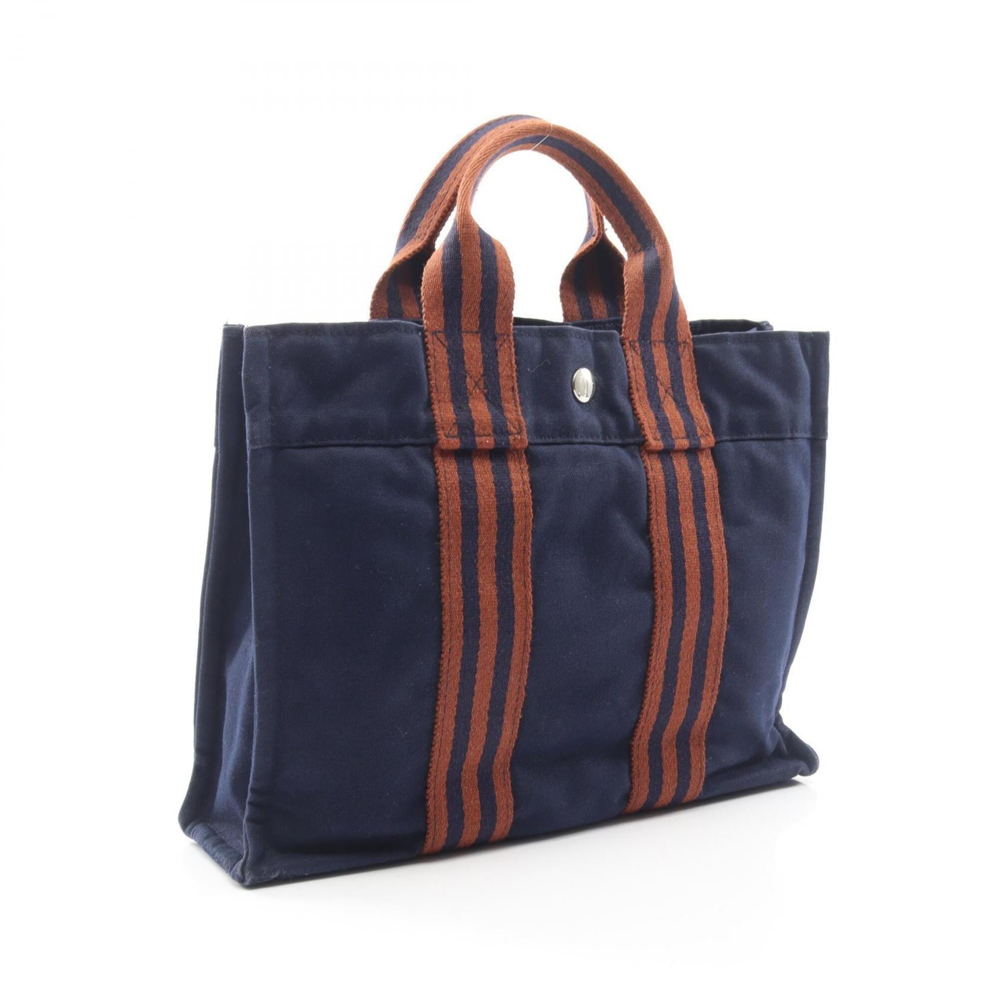 Hermes Brown Navy Canvas Handbag Tote Bag (Pre-Owned)