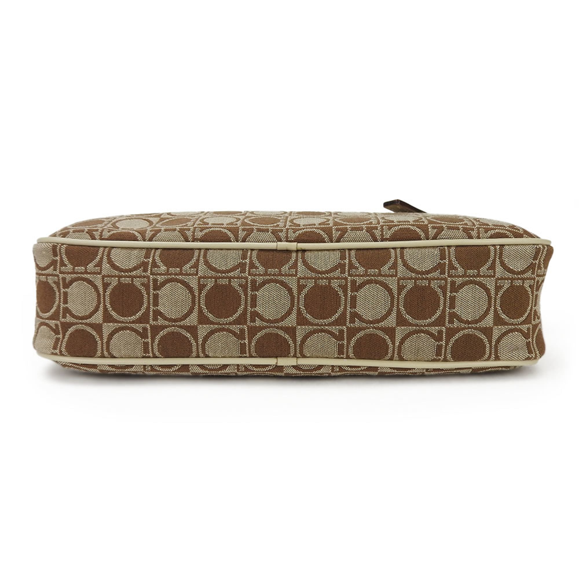 Salvatore Ferragamo Gancini Beige Brown Canvas Leather Shoulder Bag (Pre-Owned)