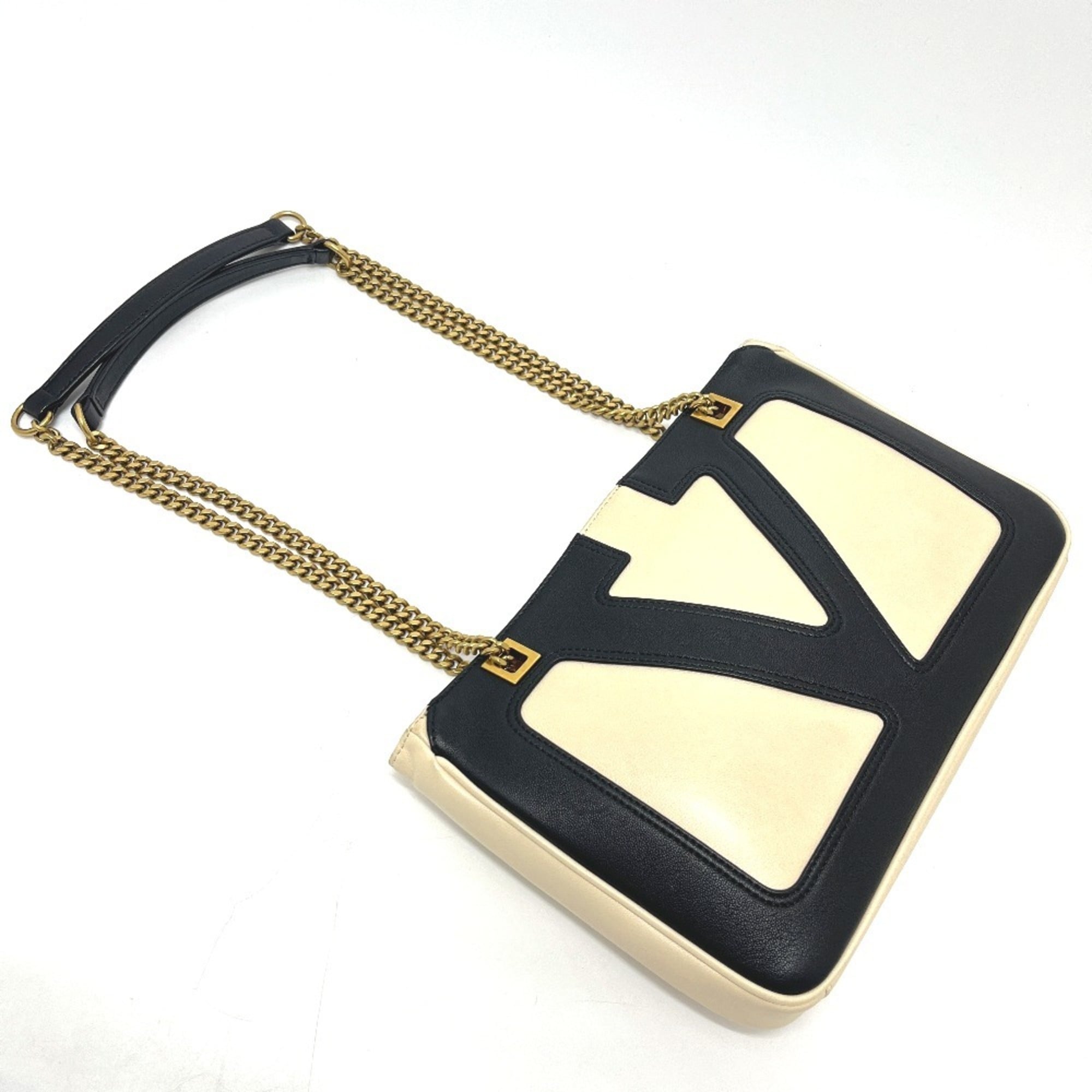 Valentino Beige Black Leather Handbag Shoulder Bag (Pre-Owned)