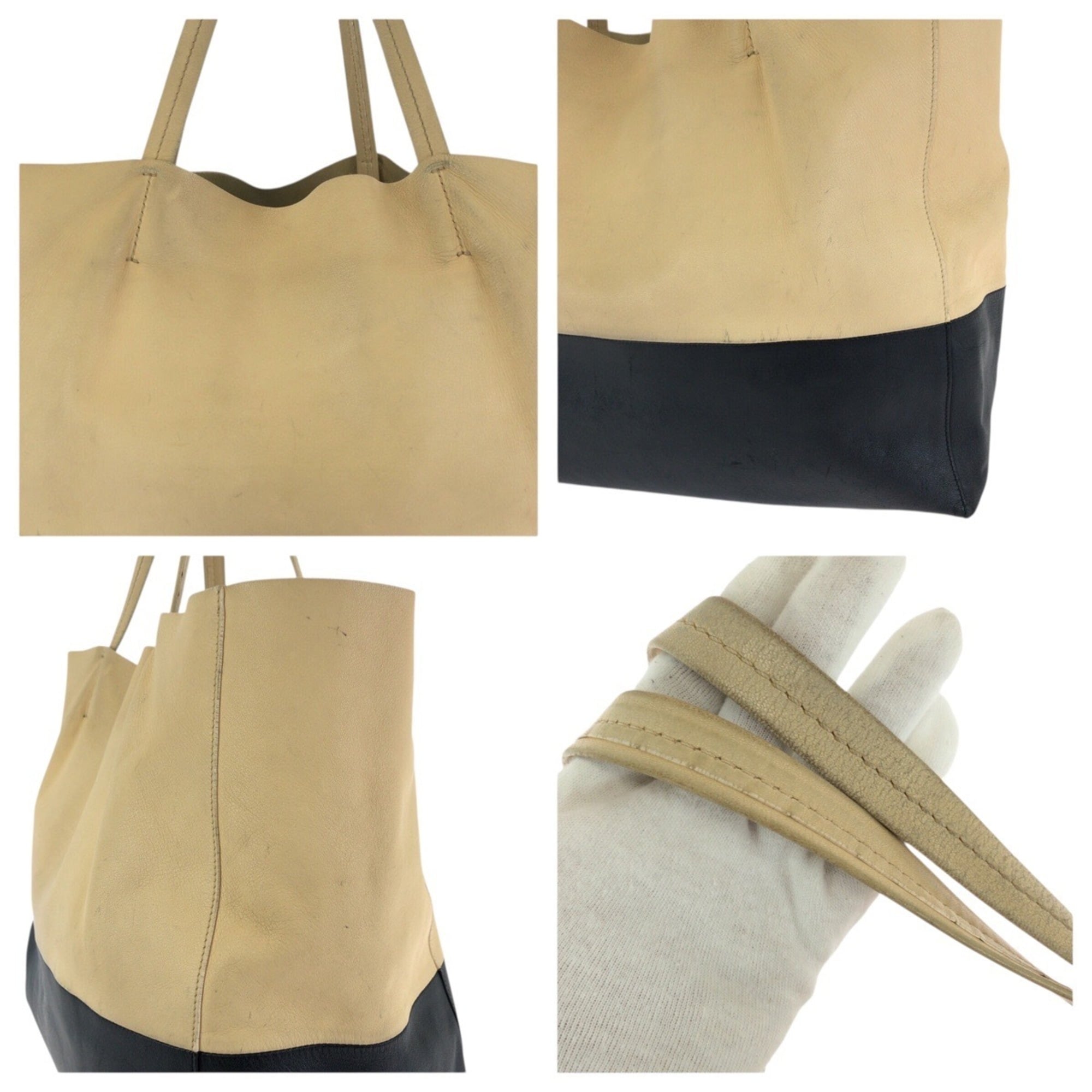 Celine Beige Black Leather Shoulder Bag Tote Bag (Pre-Owned)