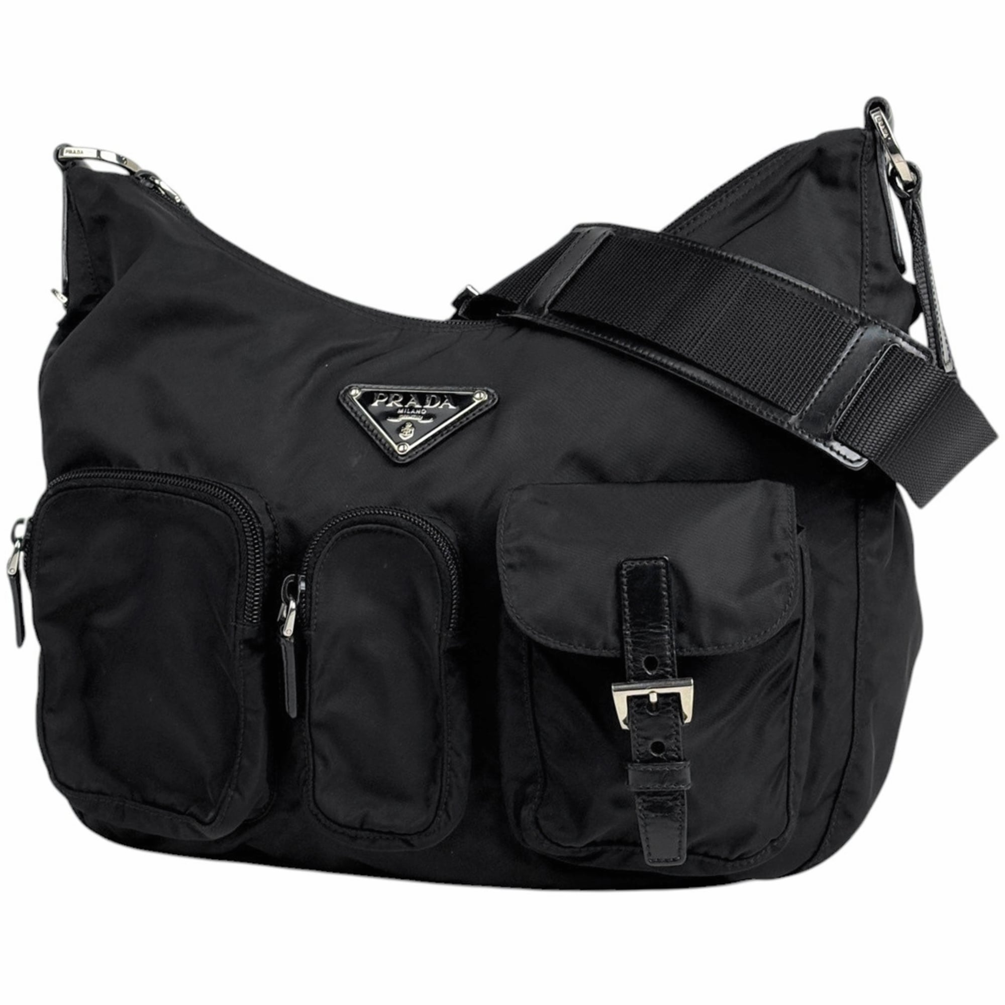 Prada Black Nylon Leather Messenger Bag Shoulder Bag (Pre-Owned)