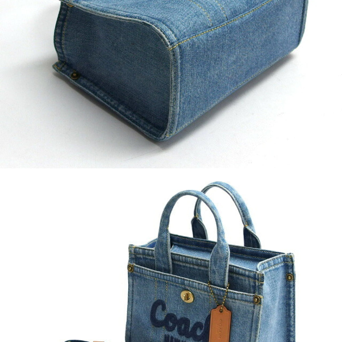 Coach Blue Brown Denim Leather Fabric Tote Bag (Pre-Owned)