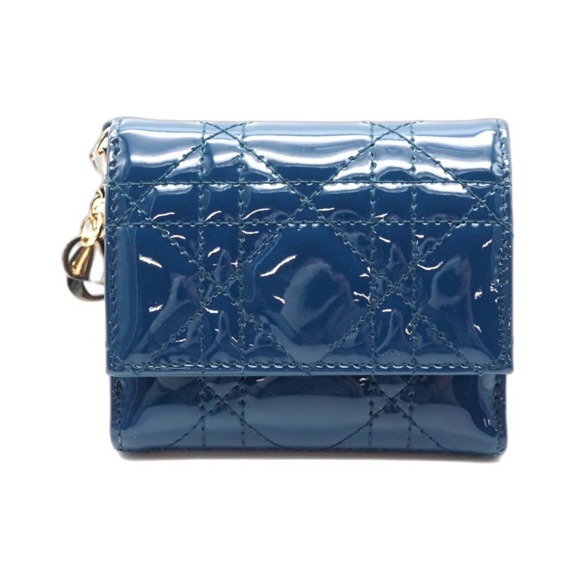Christian Dior Lady Dior Blue Patent Leather Wallet (Tri-Fold) (Pre-Owned)