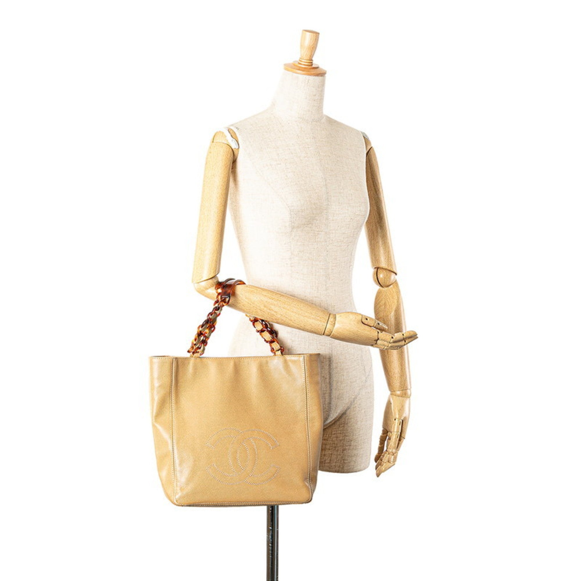 Chanel Beige Grained Calfskin Plastic Shoulder Bag Tote Bag (Pre-Owned)