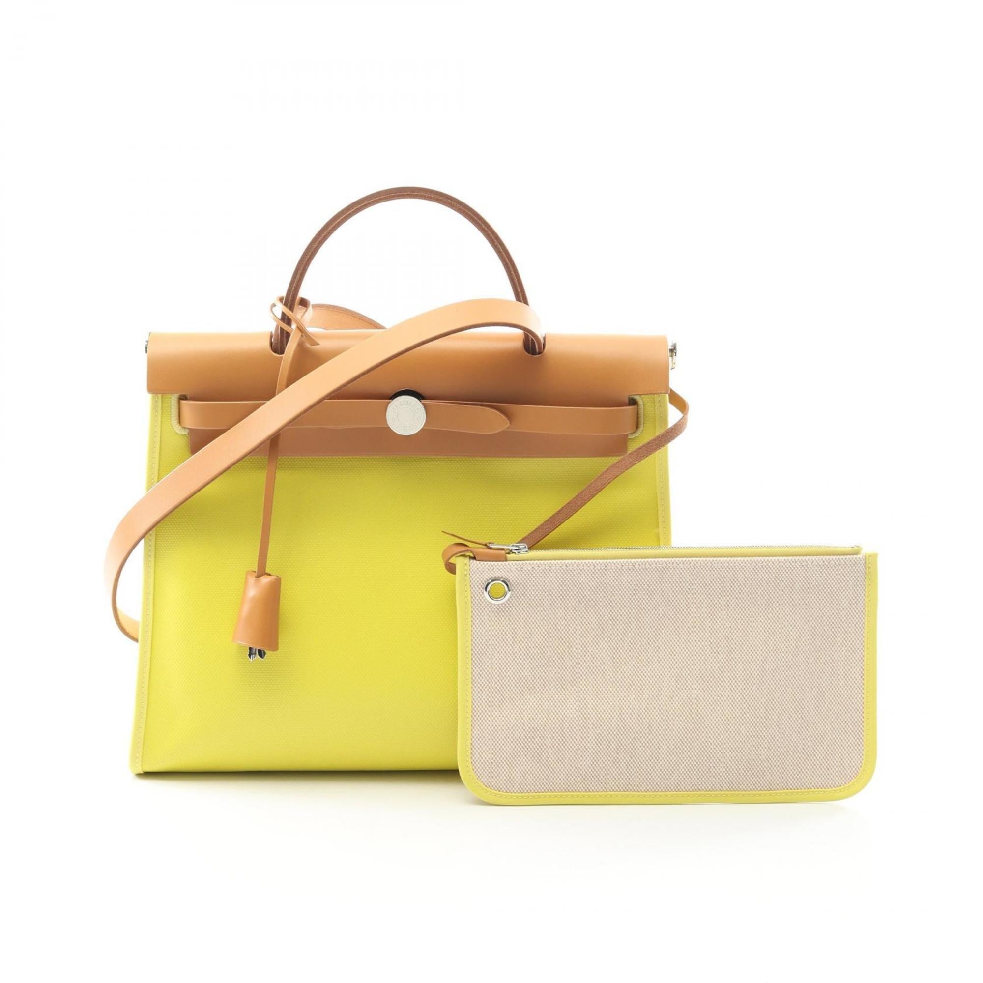 Hermes Brown Lime Yellow Natural Yellow Toile H Leather Handbag Pouch (Pre-Owned)