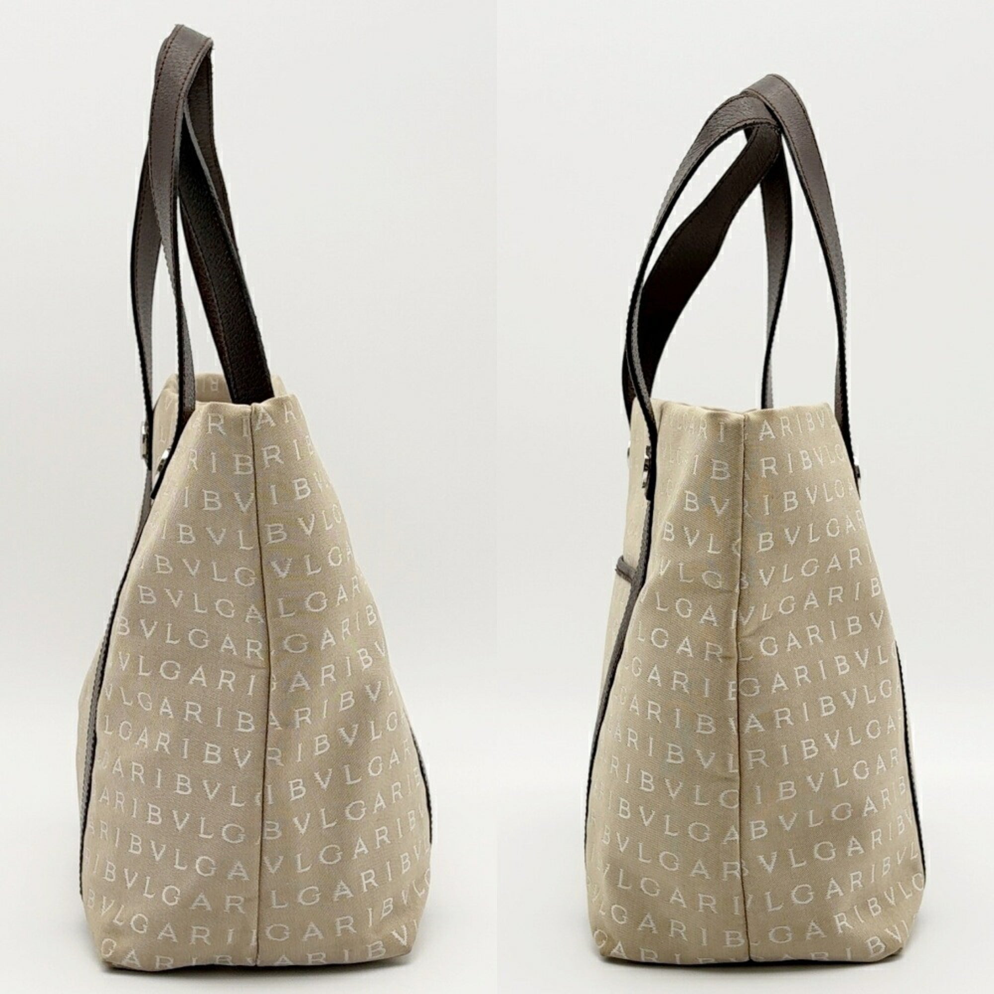 Bvlgari Beige Brown Canvas Leather Tote Bag (Pre-Owned)
