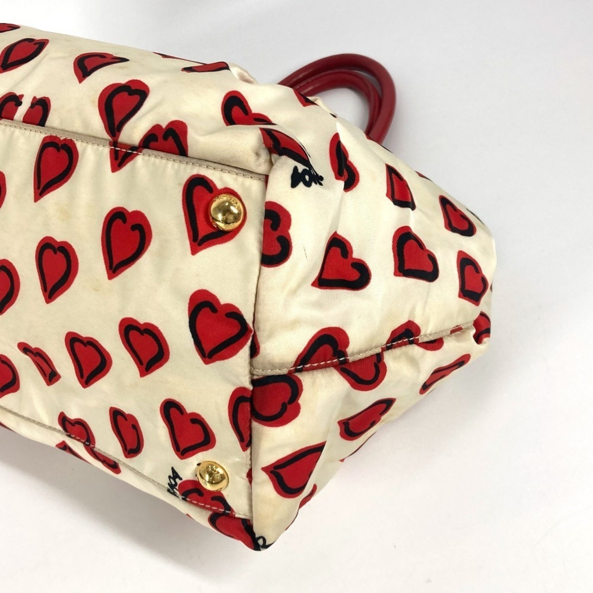 Prada Red Color White Leather Nylon Handbag Tote Bag (Pre-Owned)