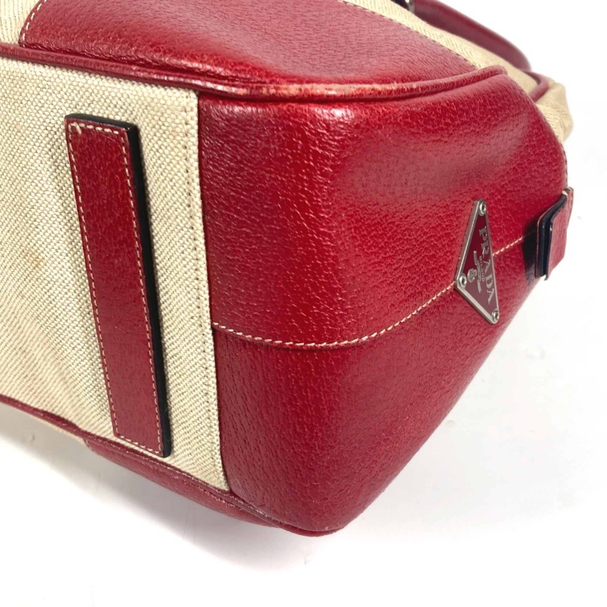 Prada Beige Red Color Leather Canvas Boston Bag Shoulder Bag (Pre-Owned)