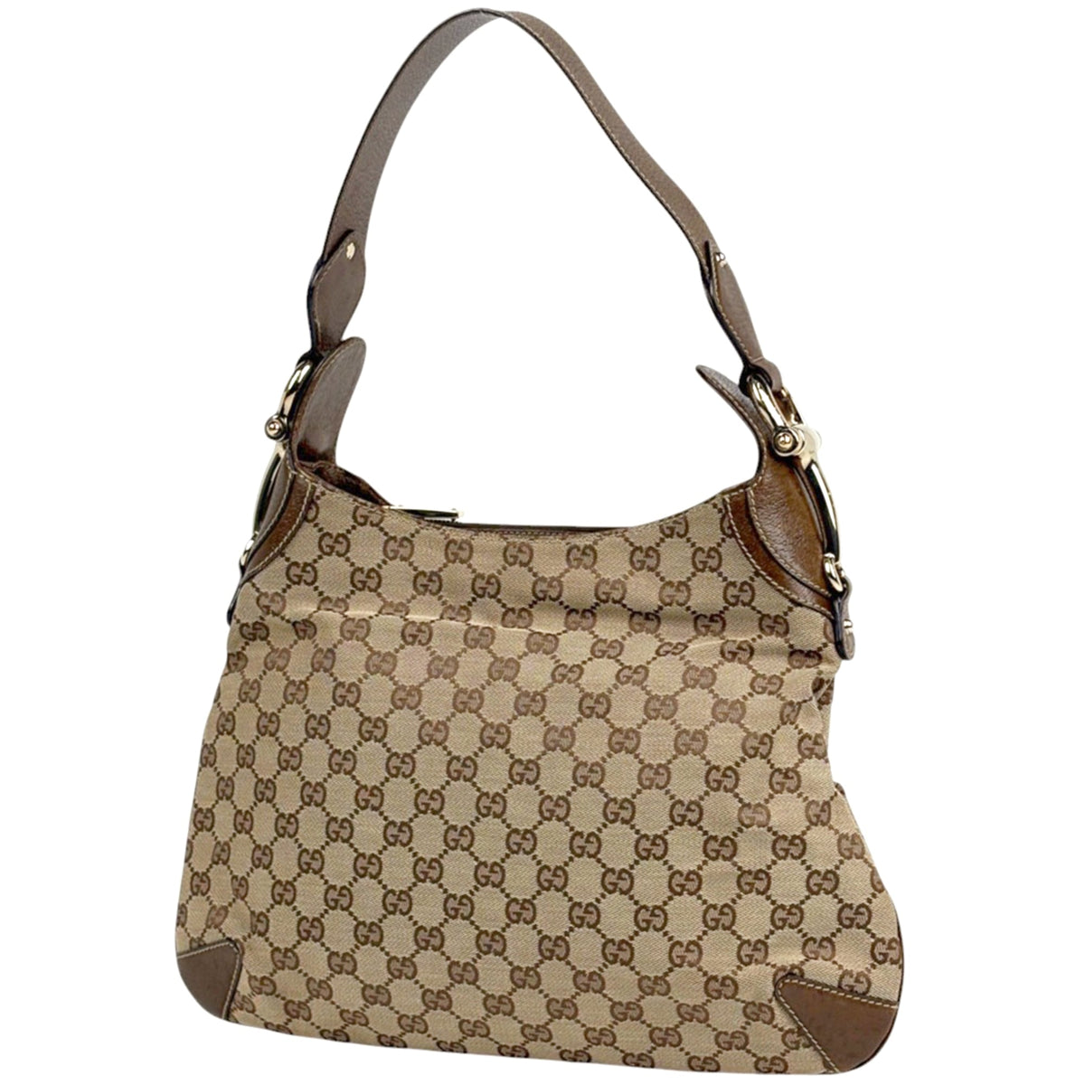 Gucci Horsebit Brown Gg Canvas Leather Shoulder Bag (Pre-Owned)