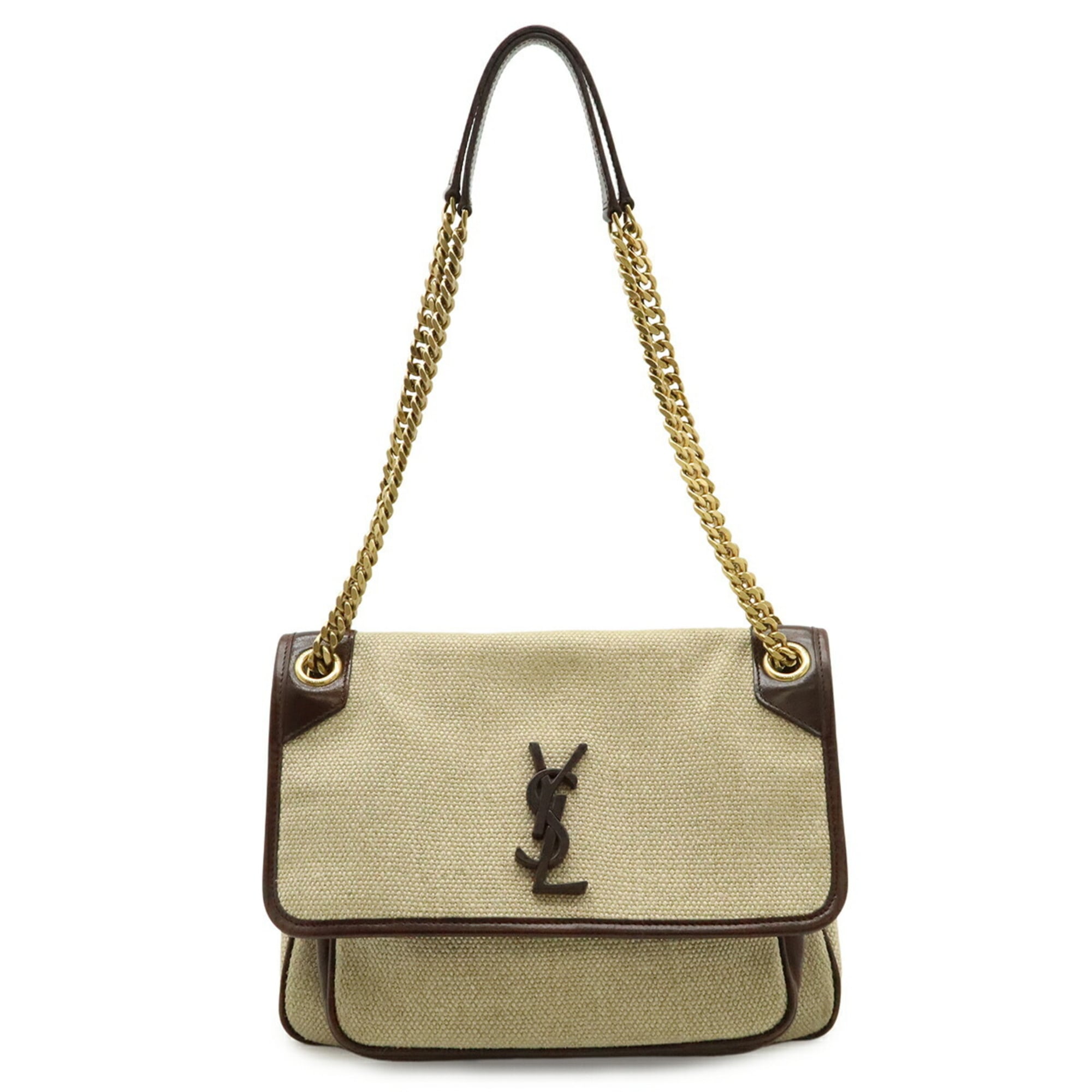 Yves Saint Laurent Beige Dark Brown Linen Leather Shoulder Bag (Pre-Owned)