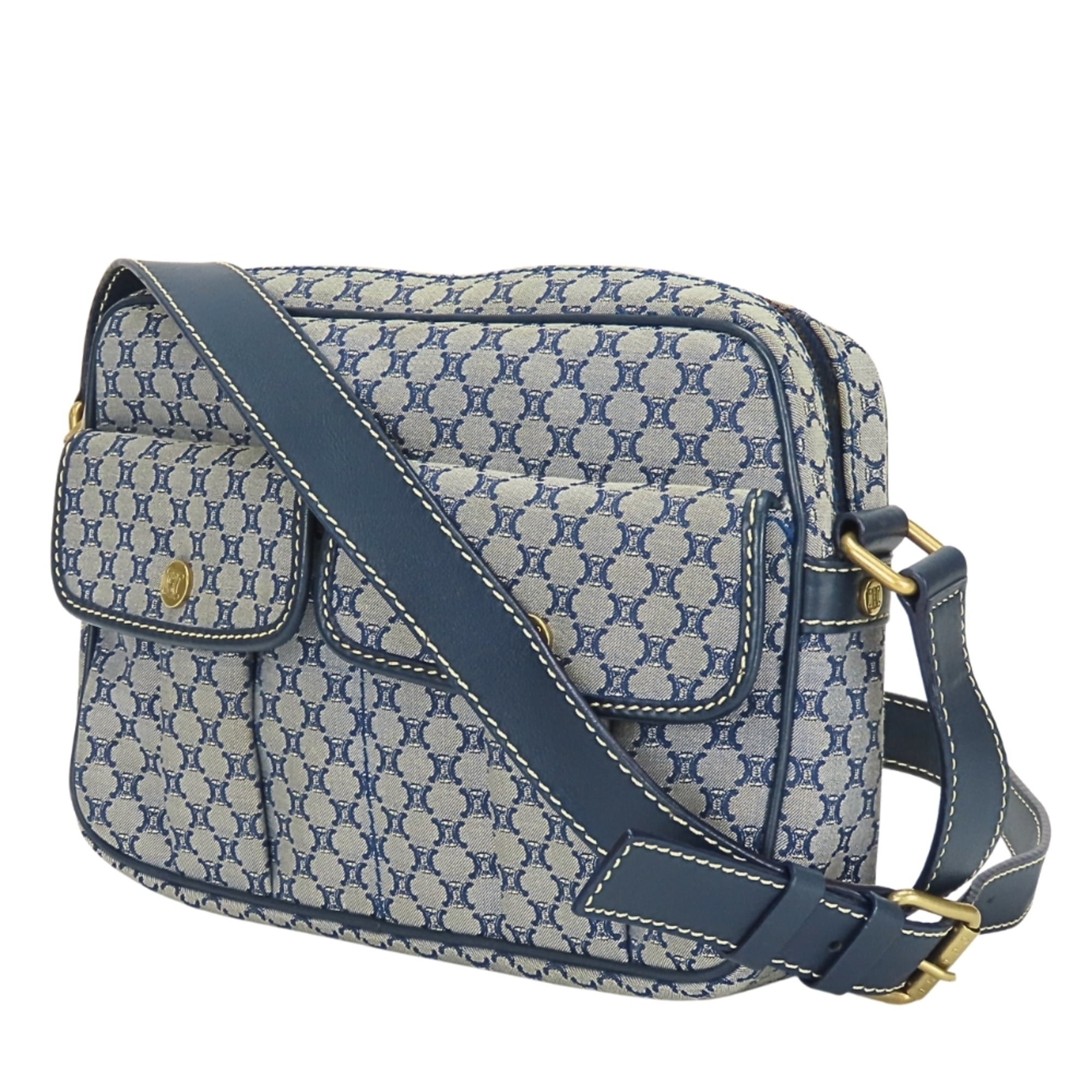 Celine Macadam Navy Canvas Leather Shoulder Bag (Pre-Owned)