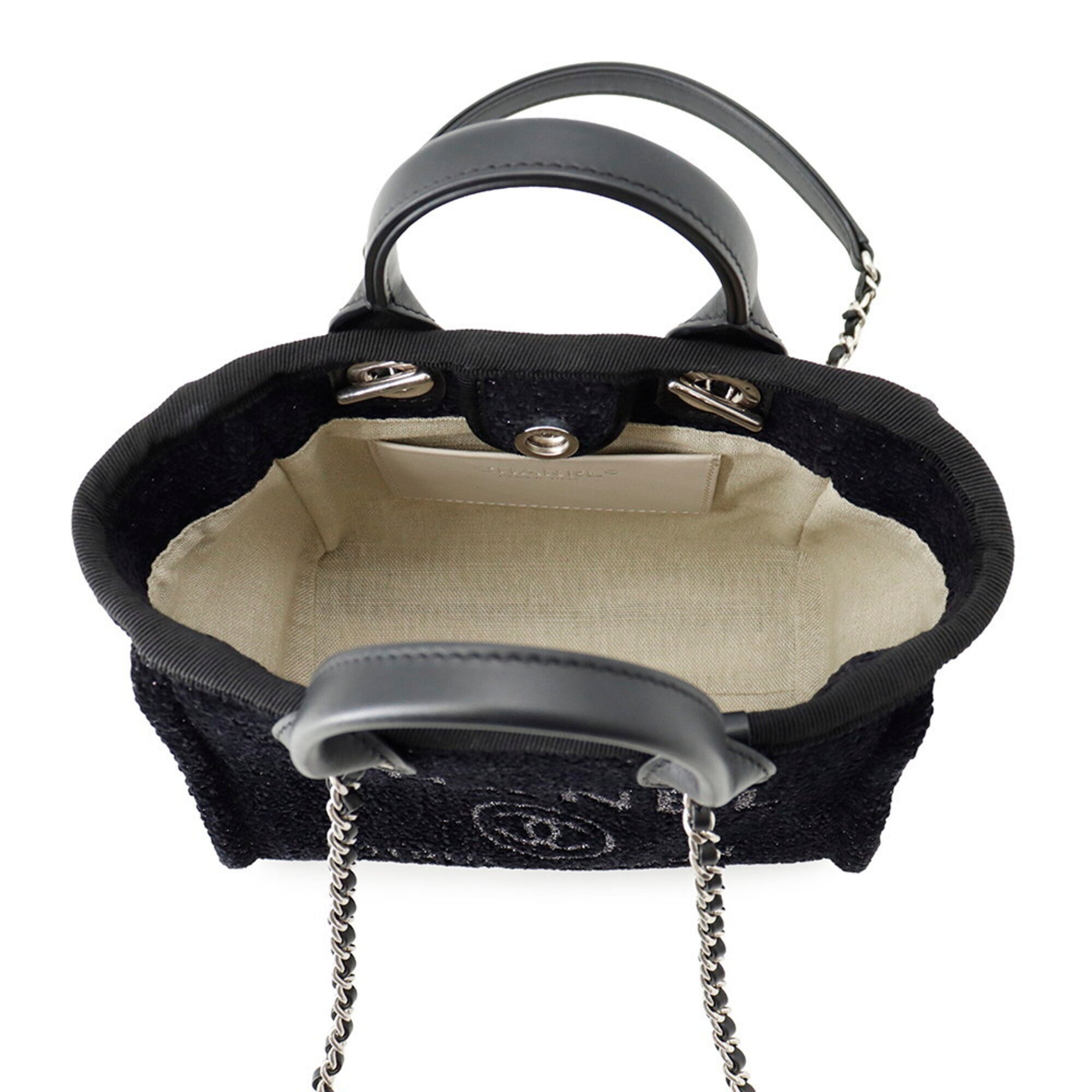Chanel Black Canvas Leather Handbag Shoulder Bag Tote Bag (Pre-Owned)