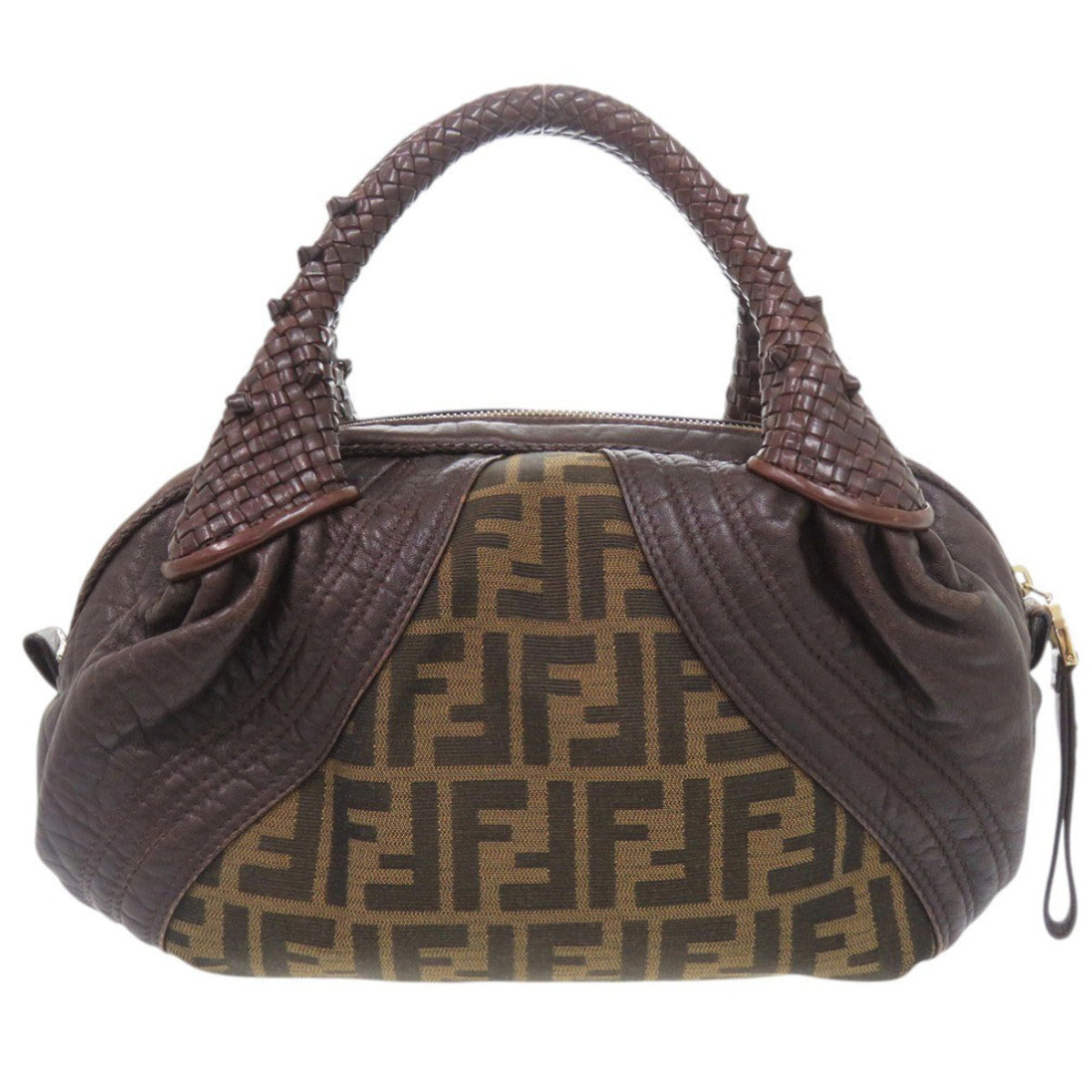 Fendi Brown Leather Canvas Handbag (Pre-Owned)