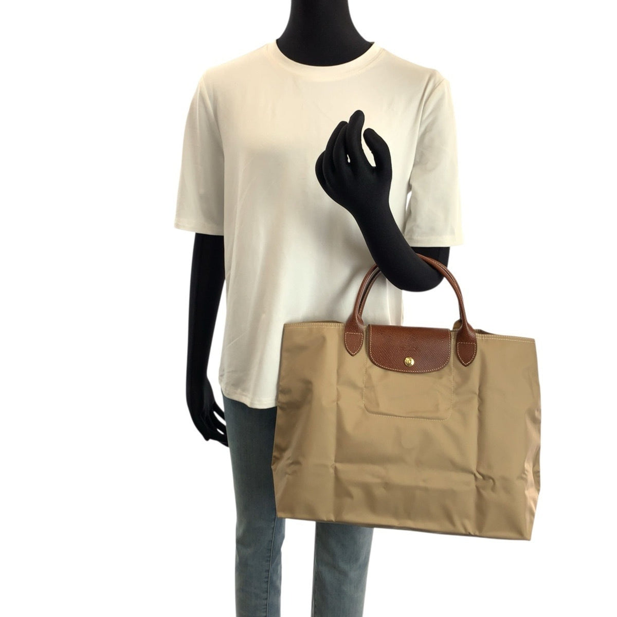 Longchamp Beige Brown Nylon Leather Handbag Tote Bag (Pre-Owned)