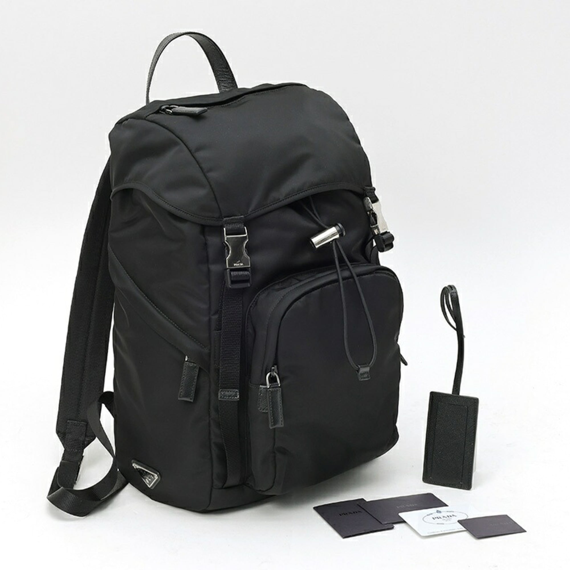 Prada Black Fabric Saffiano Triangle Leather Backpack (Pre-Owned)