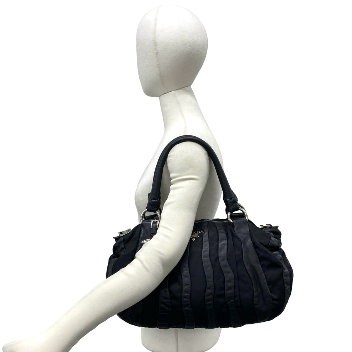 Prada Black Leather Nylon Handbag Shoulder Bag Tote Bag (Pre-Owned)