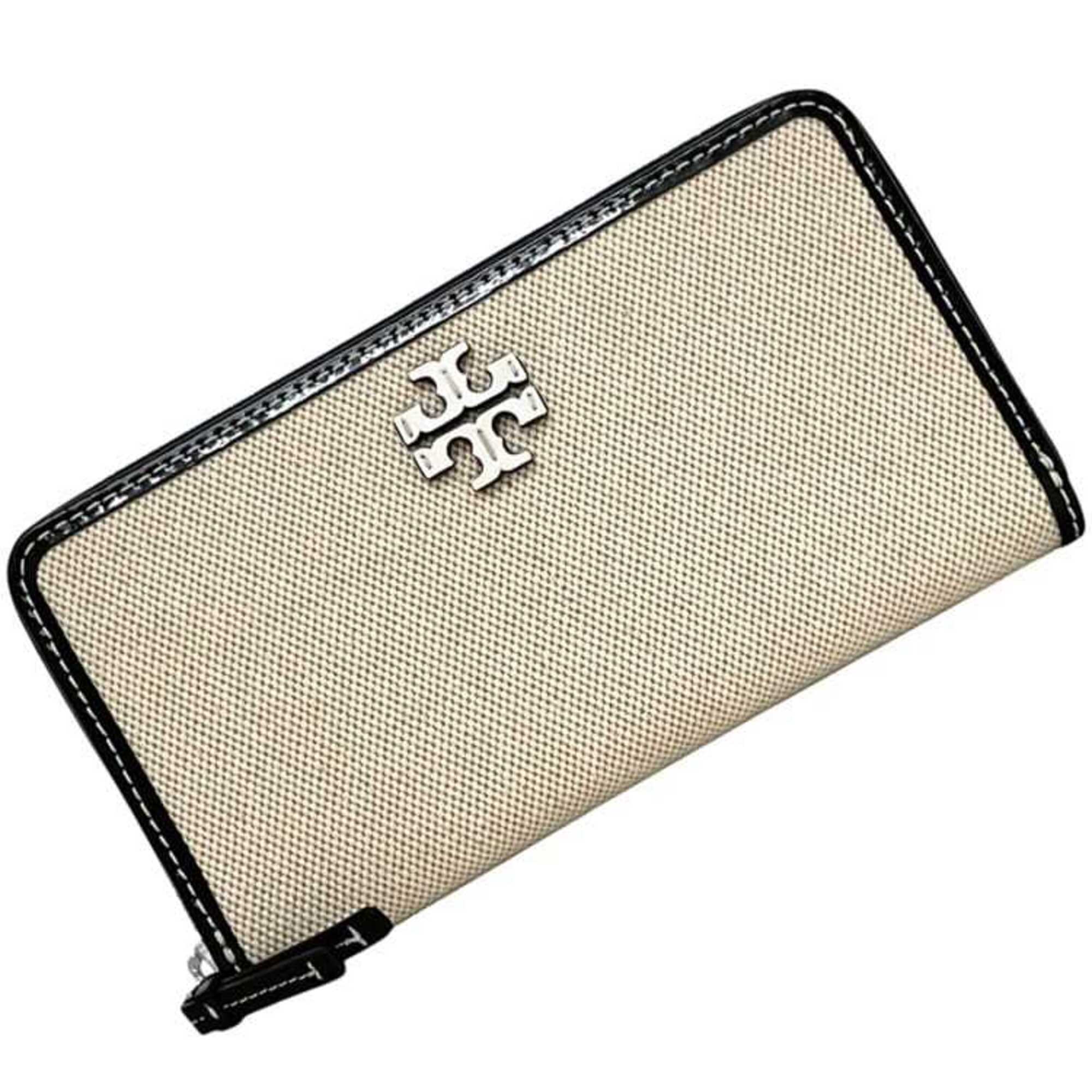 Tory Burch Black White Canvas Leather Long Wallet (Bi-Fold) (Pre-Owned)