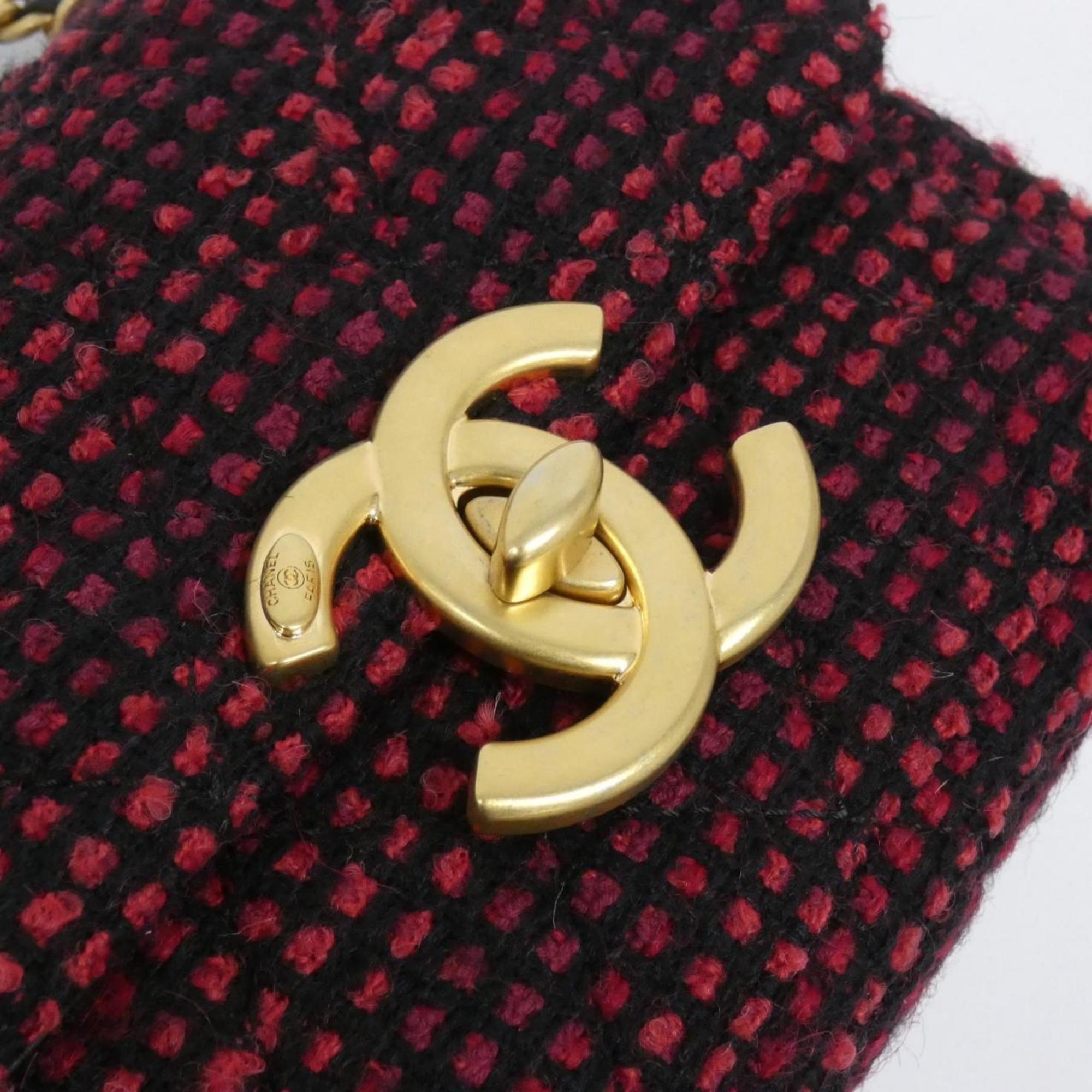 Chanel Black Red Color Cotton Tweed Shoulder Bag (Pre-Owned)