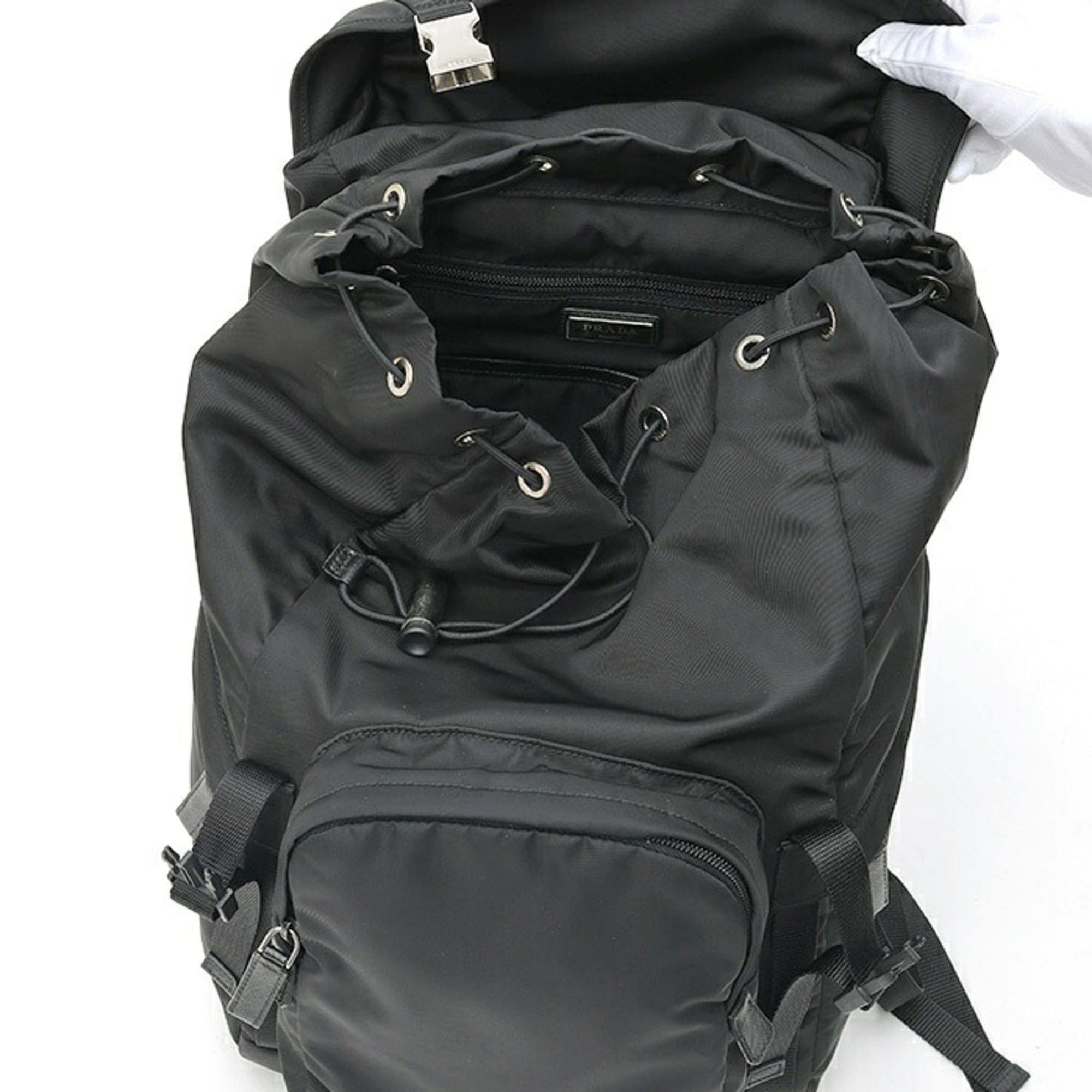 Prada Black Fabric Saffiano Triangle Leather Backpack (Pre-Owned)