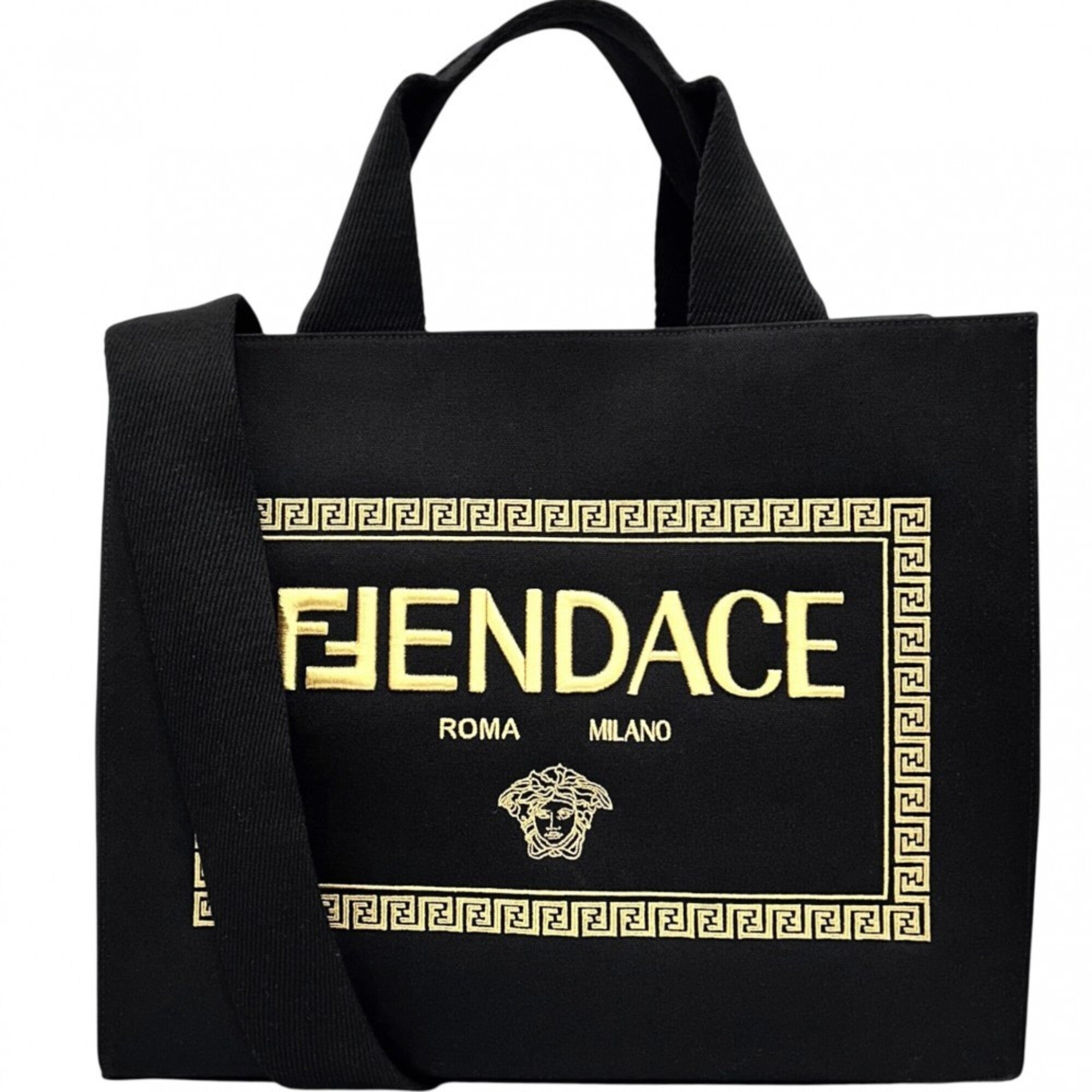 Versace Black Gold Canvas Handbag Tote Bag (Pre-Owned)