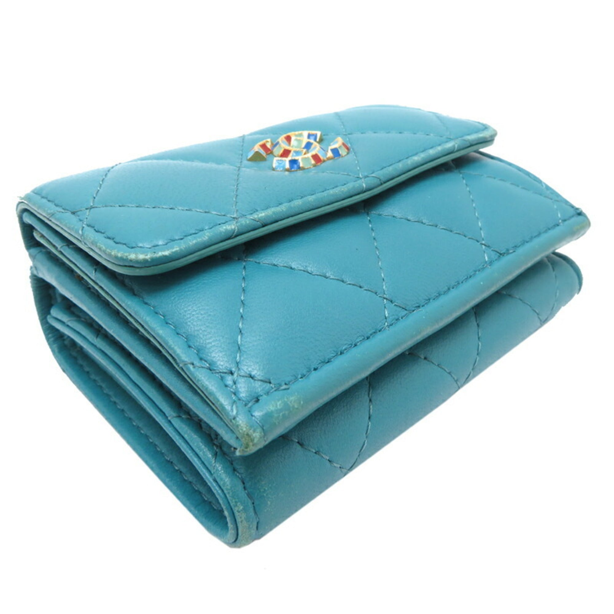 Chanel Blue Turquoise Leather Wallet (Tri-Fold) (Pre-Owned)