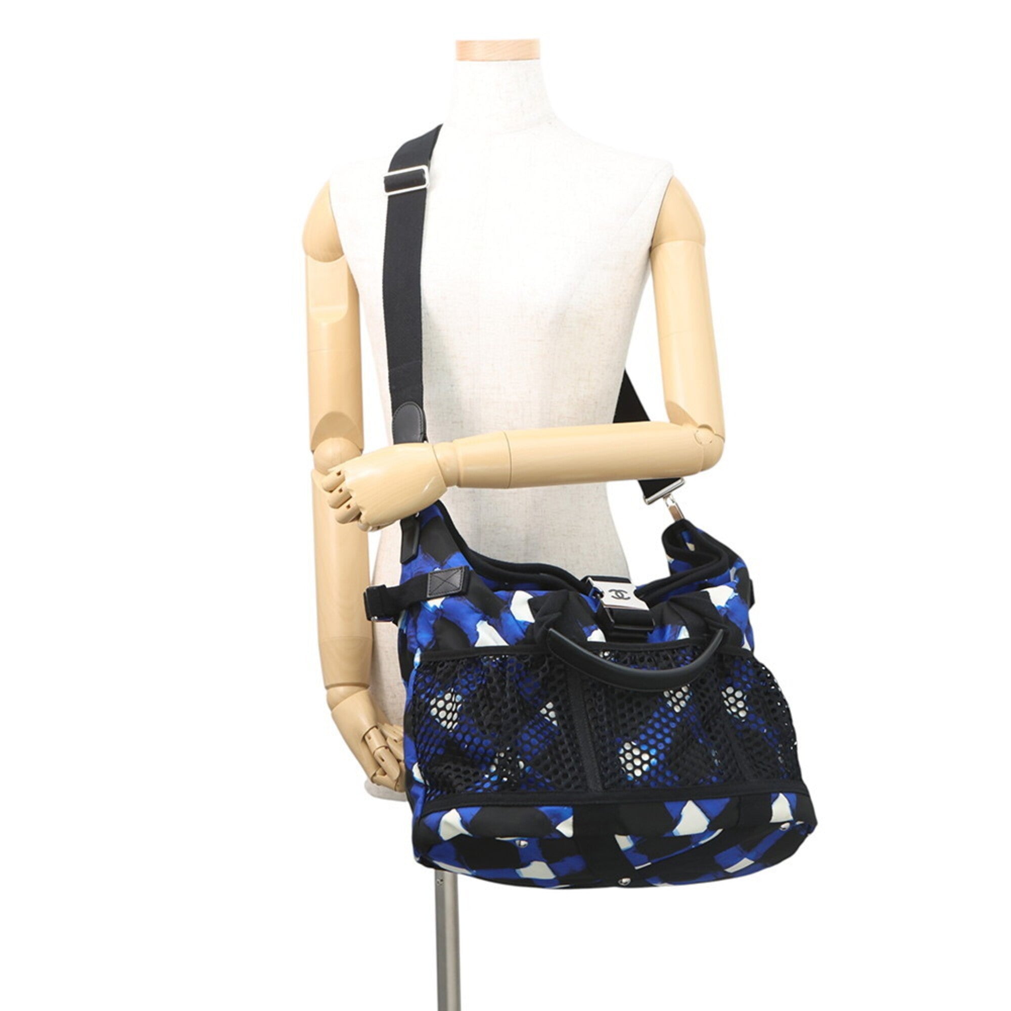Chanel Black Blue White Nylon Handbag Shoulder Bag Tote Bag (Pre-Owned)