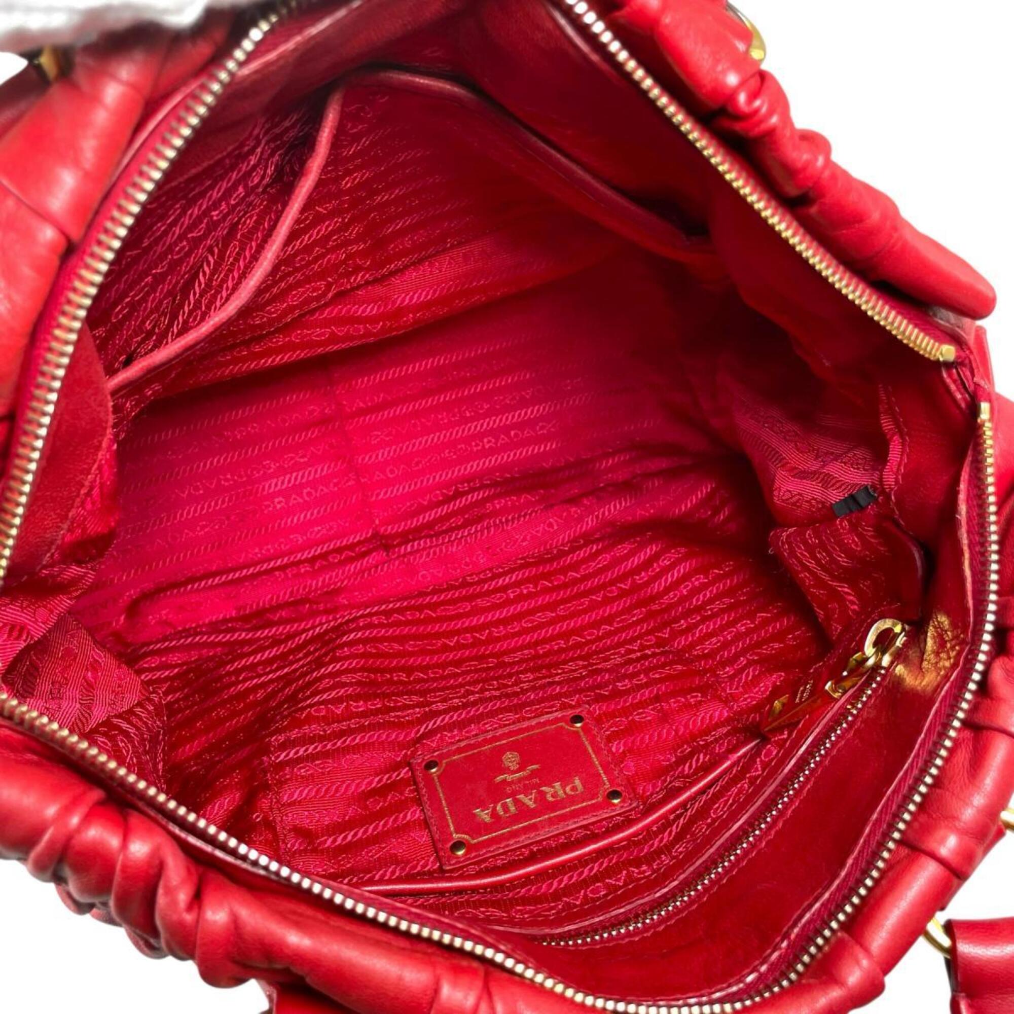 Prada Red Color Nappa Leather Shoulder Bag Tote Bag (Pre-Owned)