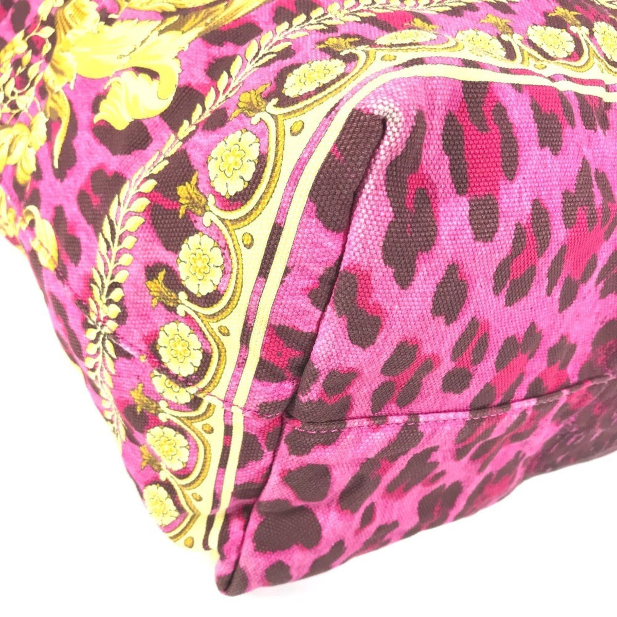 Versace Pink Yellow Leather Canvas Shoulder Bag Tote Bag (Pre-Owned)