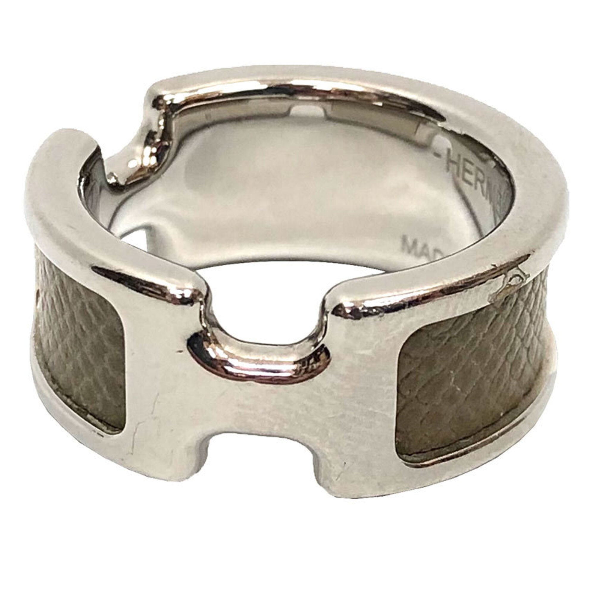 Hermes Silver Etoupe Gray Leather Metal Band Ring (Pre-Owned)
