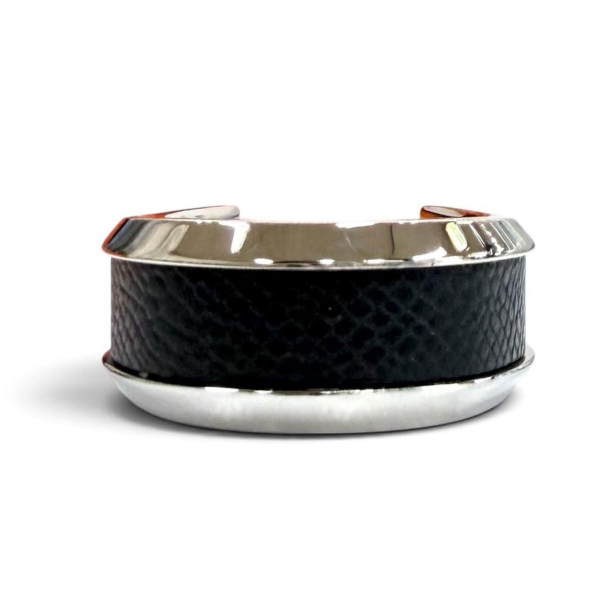 Hermes Silver Black Epsom Leather Metal Band Ring (Pre-Owned)