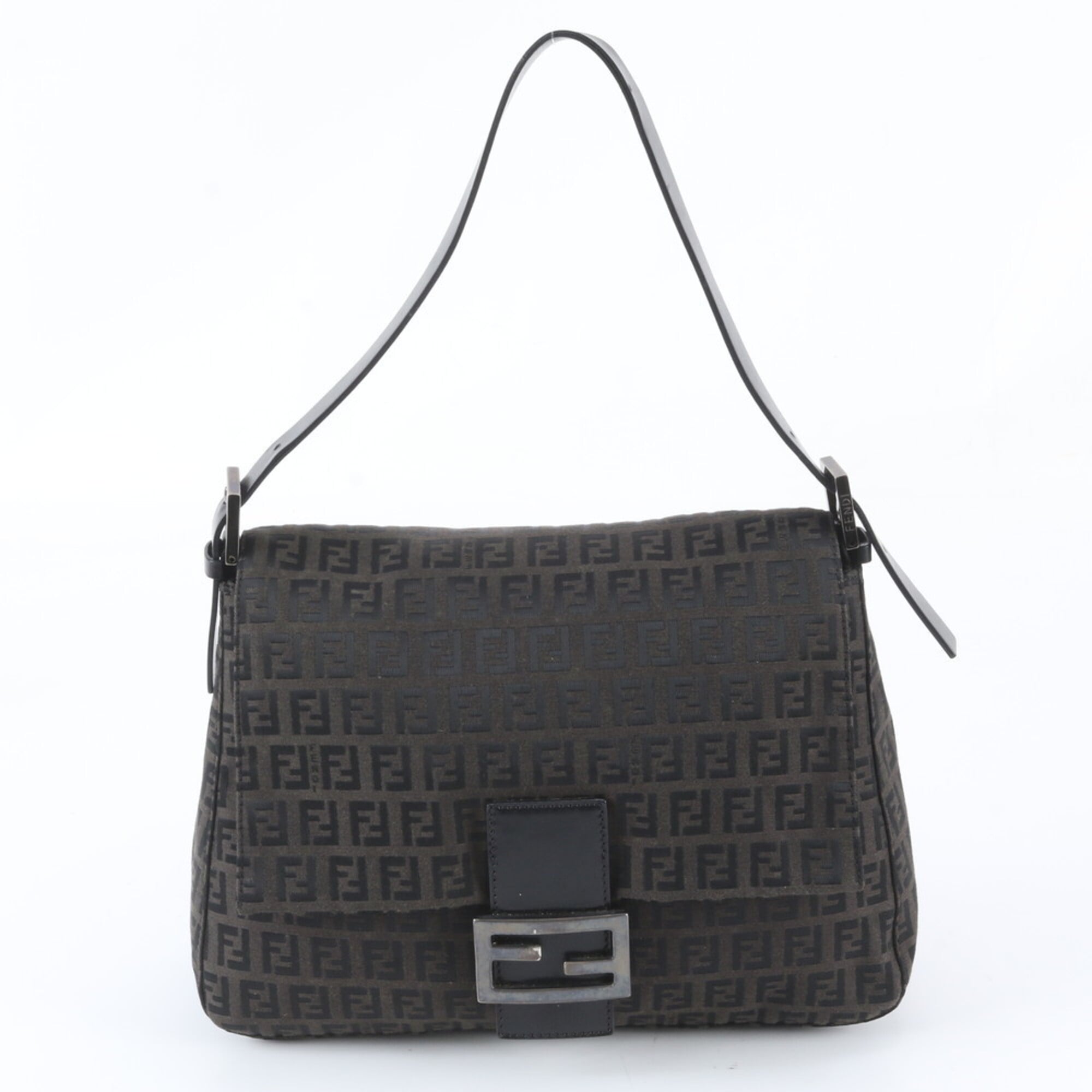 Fendi Black Brown Leather Canvas Shoulder Bag (Pre-Owned)