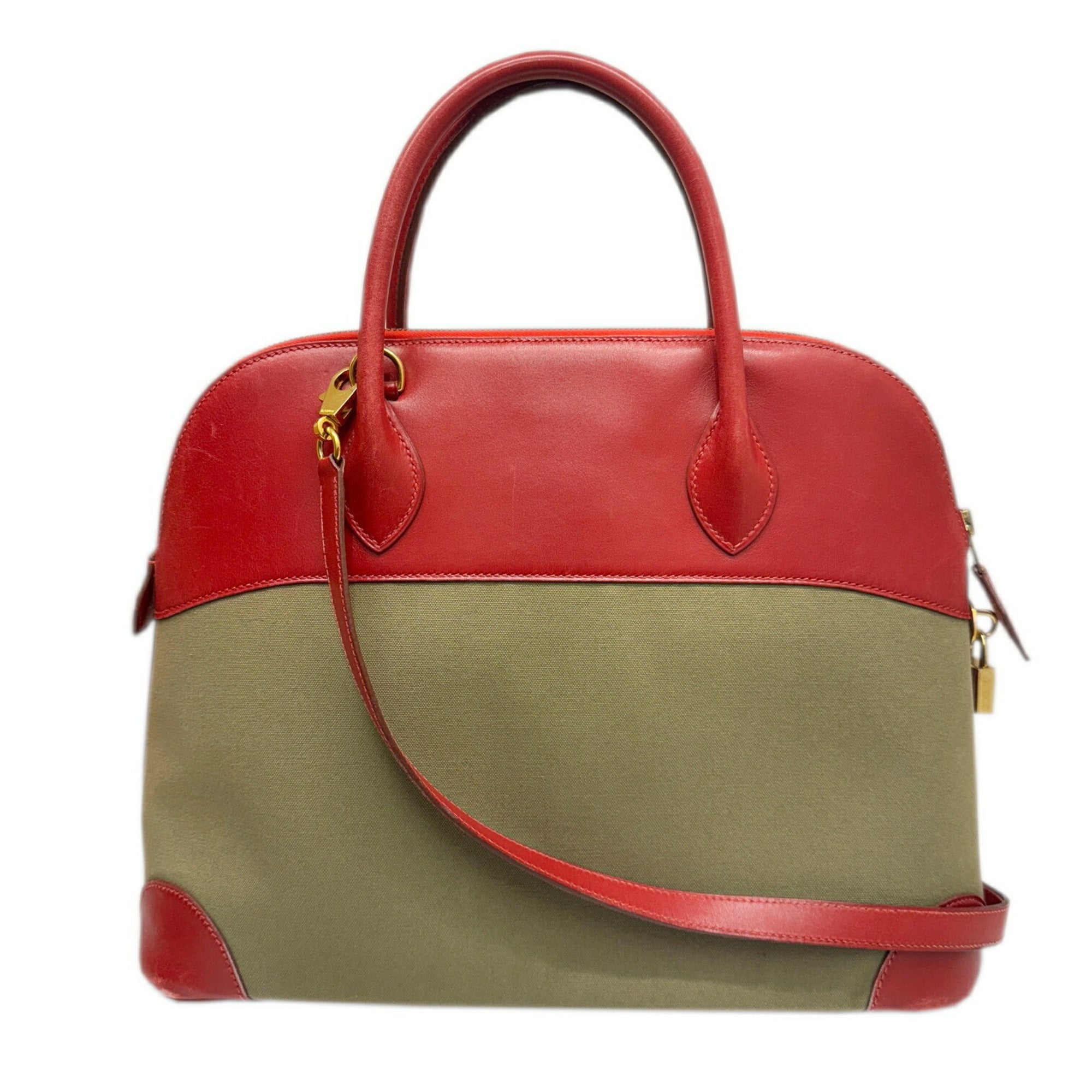 Hermes Khaki Rouge Garance Toile Officier Box Calf Leather Handbag Shoulder Bag (Pre-Owned)