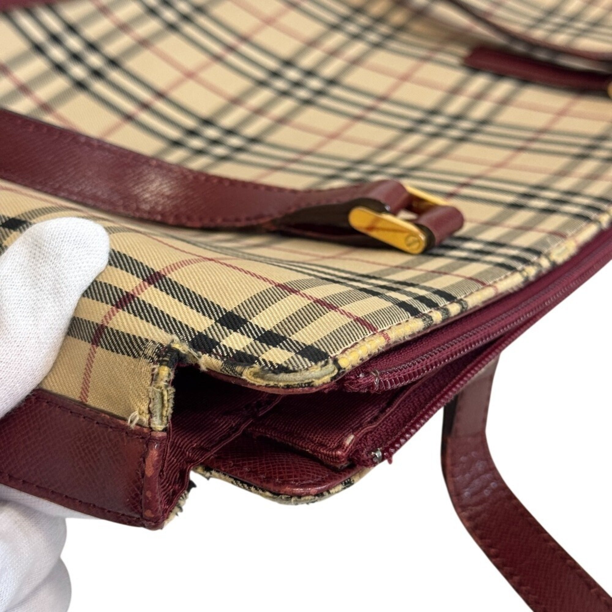 Burberry Beige Bordeaux Canvas Leather Shoulder Bag Tote Bag (Pre-Owned)
