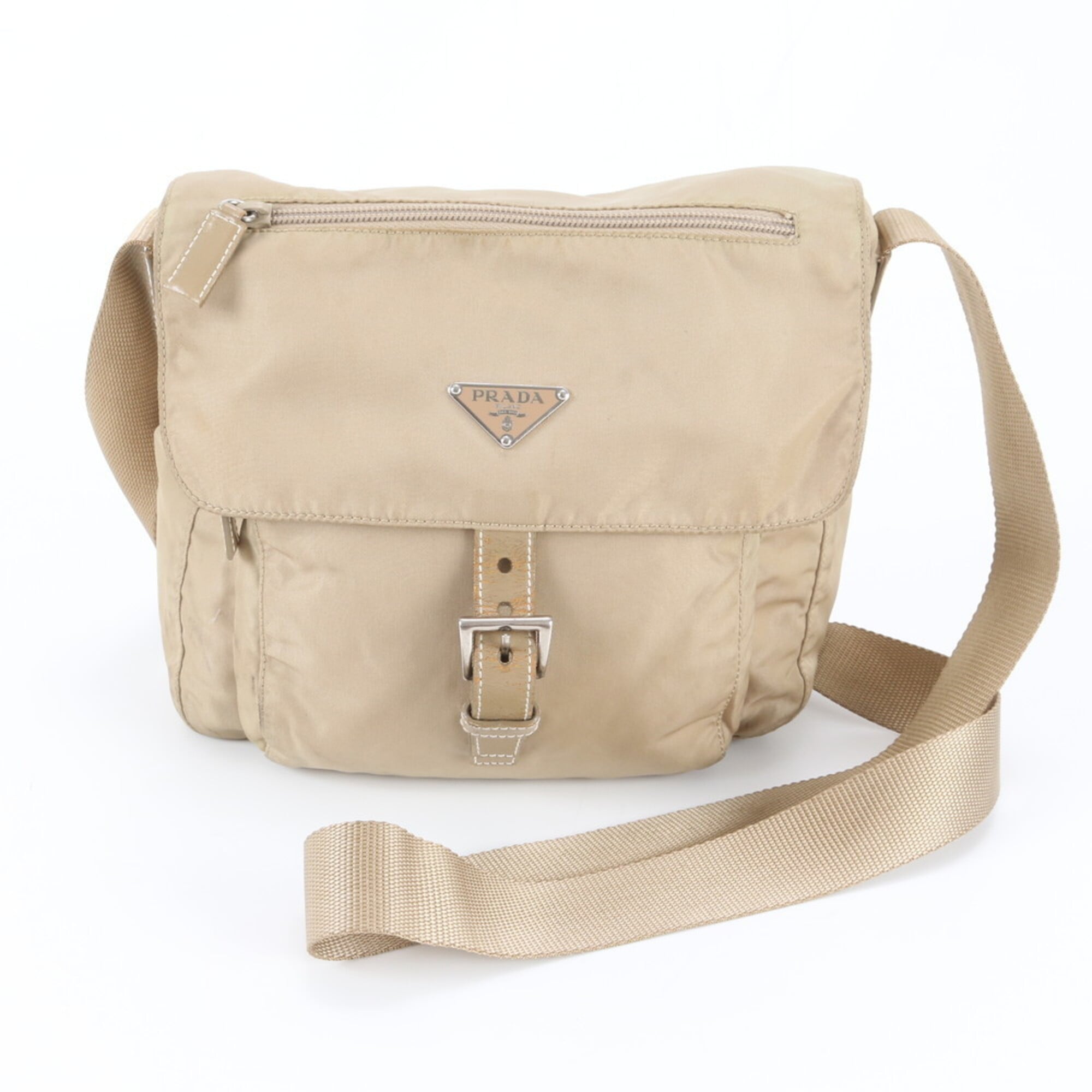 Prada Beige Gold Gold Nylon Leather Handbag Shoulder Bag Tote Bag (Pre-Owned)