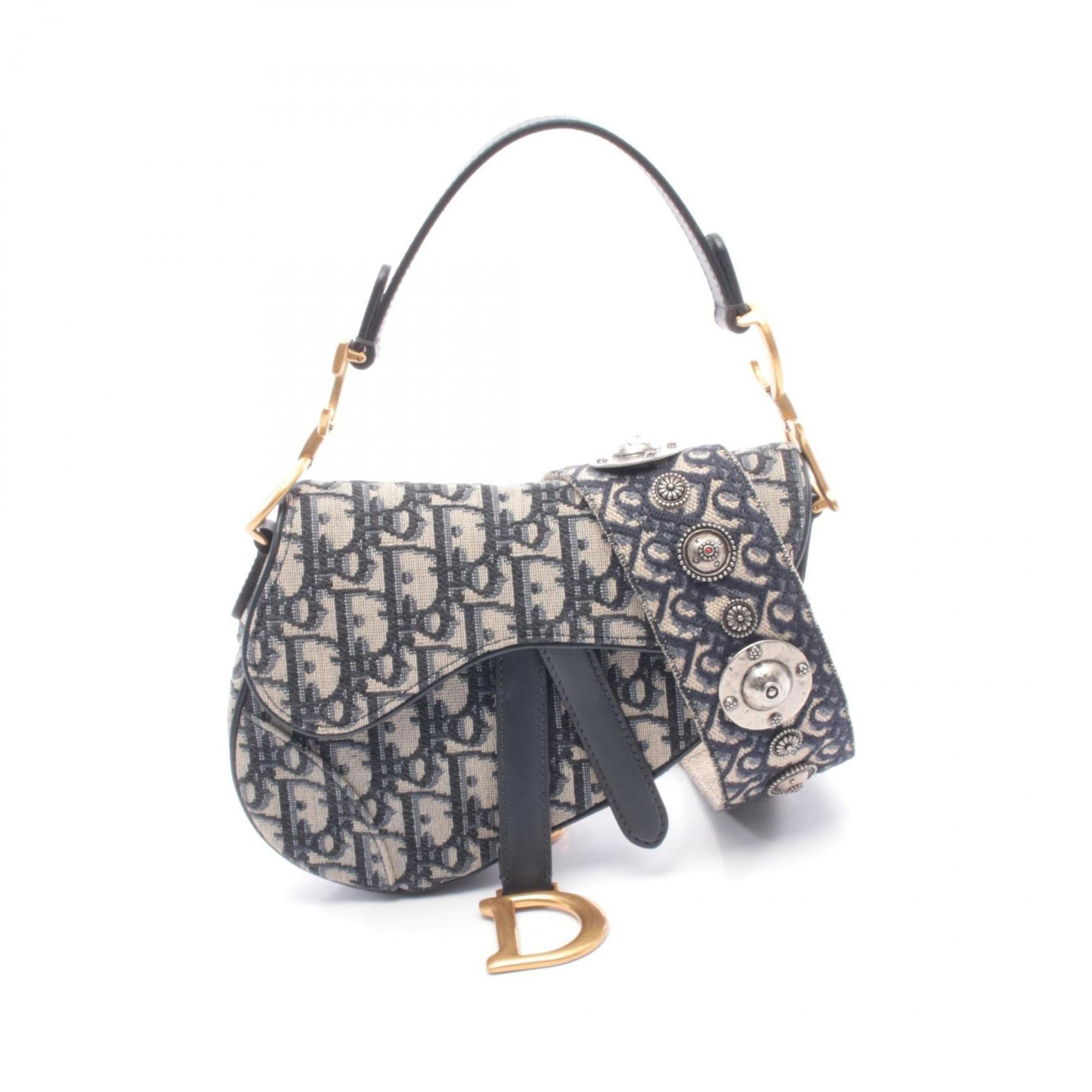 Christian Dior Ivory Navy Canvas Leather Handbag Saddle Bag (Pre-Owned)