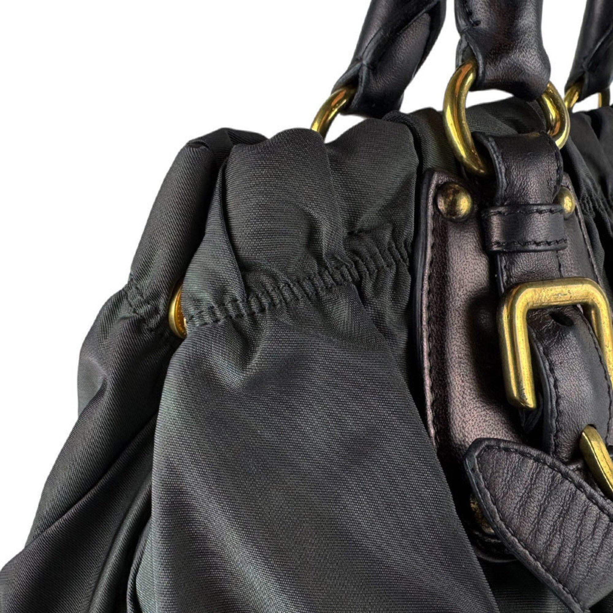 Prada Black Green Nylon Leather Handbag Shoulder Bag (Pre-Owned)