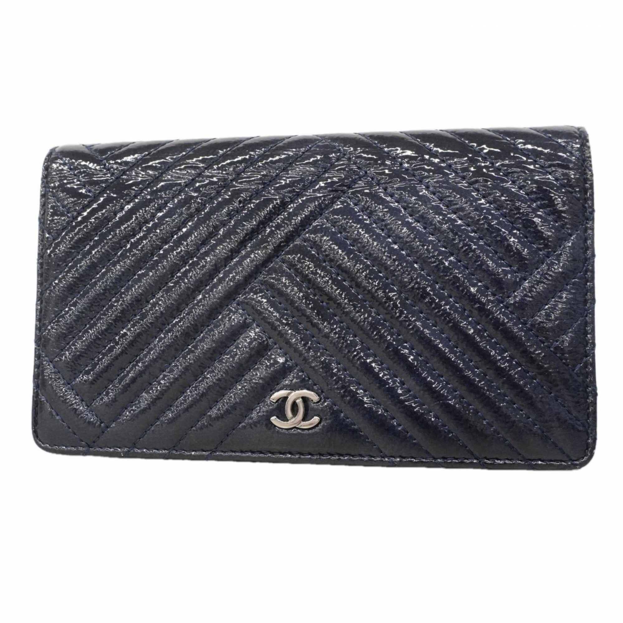 Chanel Navy Patent Leather Long Wallet (Bi-Fold) (Pre-Owned)
