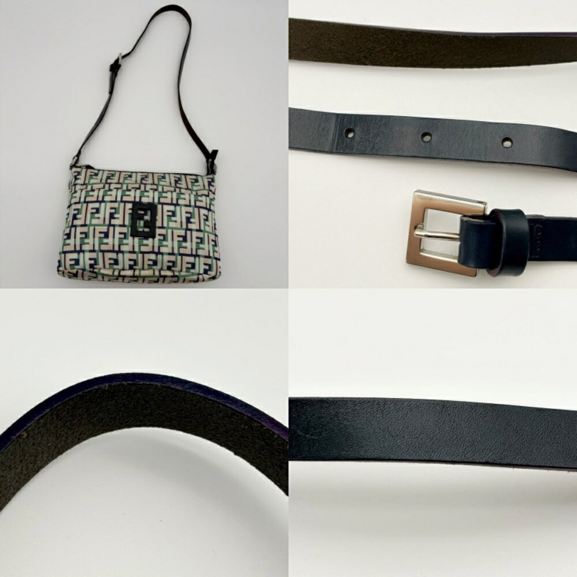 Fendi Beige Green Ivory Navy Zucca Nylon Canvas Leather Shoulder Bag (Pre-Owned)
