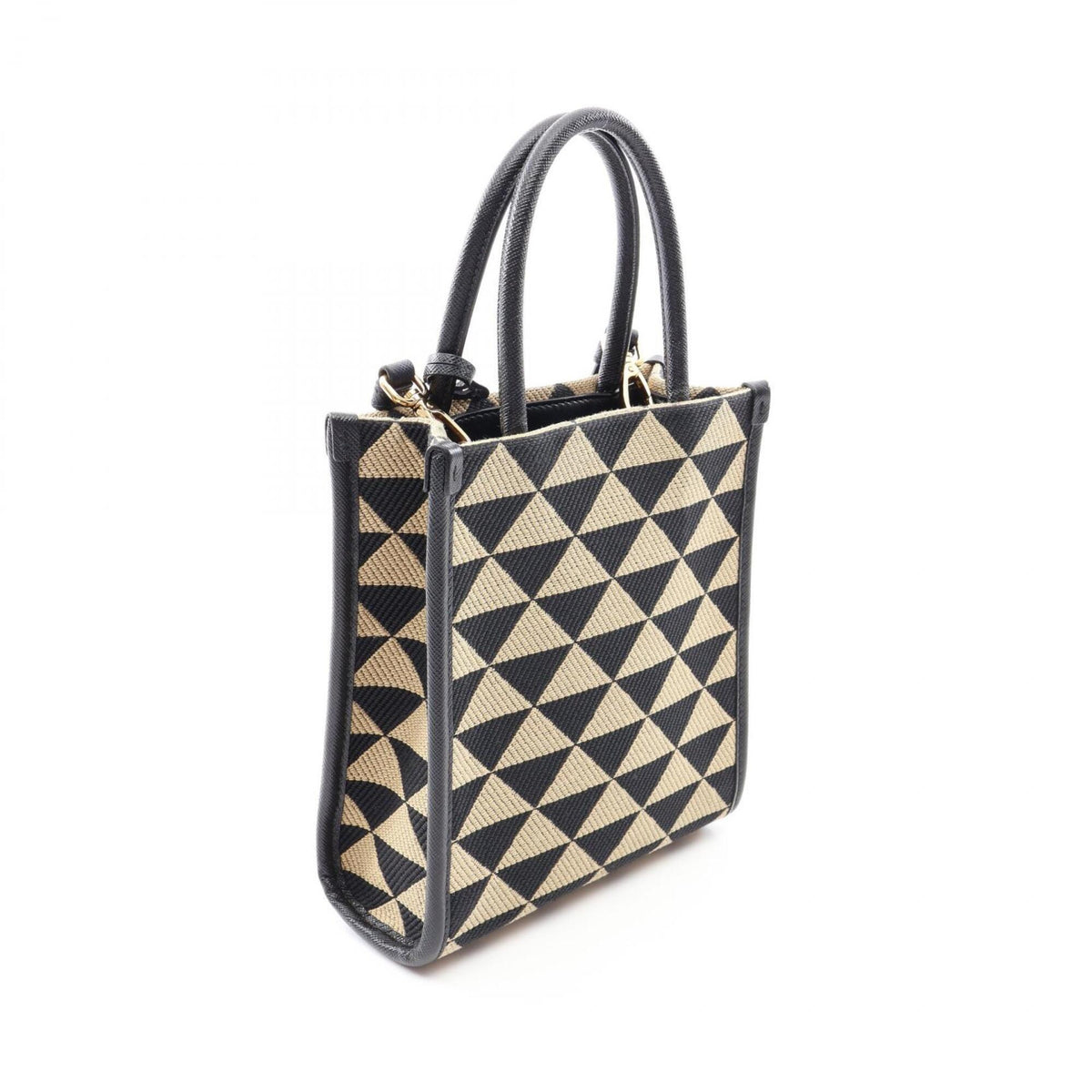 Prada Beige Black Canvas Saffiano Triangle Handbag (Pre-Owned)