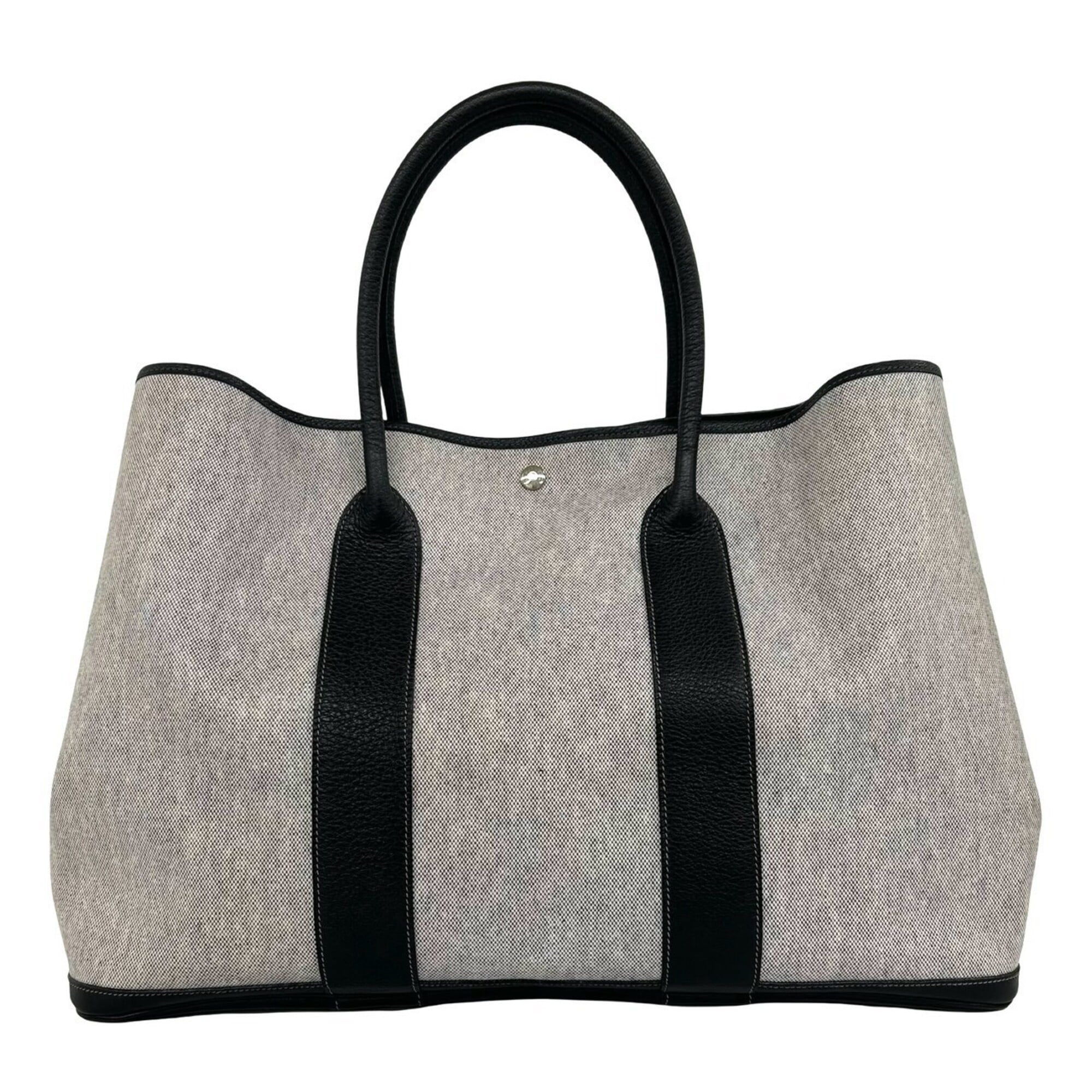 Hermes Black Gray Toile H Buffalo Leather Handbag Tote Bag (Pre-Owned)